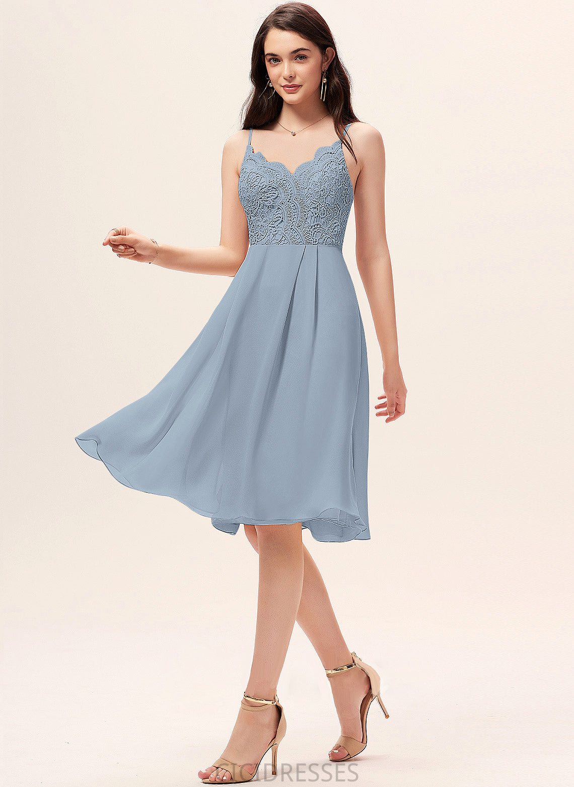 V-neck Lace Knee-Length Silhouette Fabric Straps Length Neckline A-Line Tiffany V-Neck Sleeveless Bridesmaid Dresses