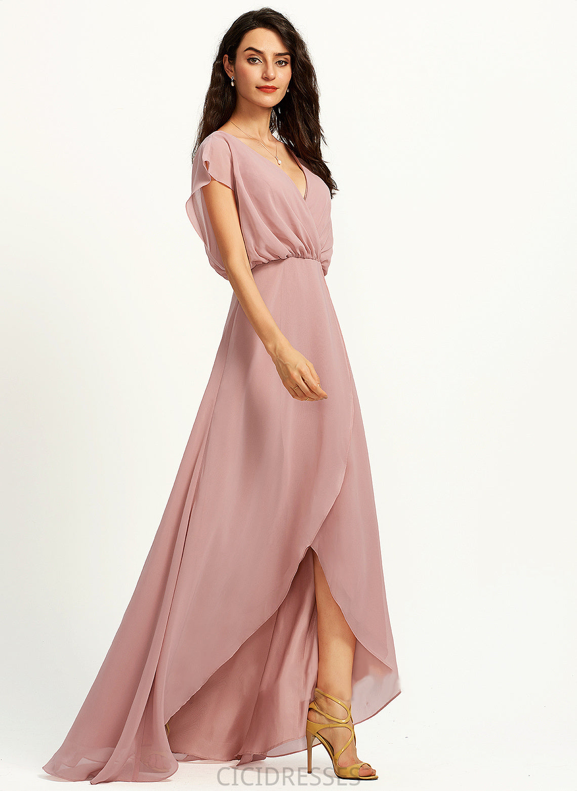 A-Line SplitFront Fabric V-neck Neckline Embellishment Asymmetrical Length Silhouette Kamora Sleeveless A-Line/Princess Bridesmaid Dresses