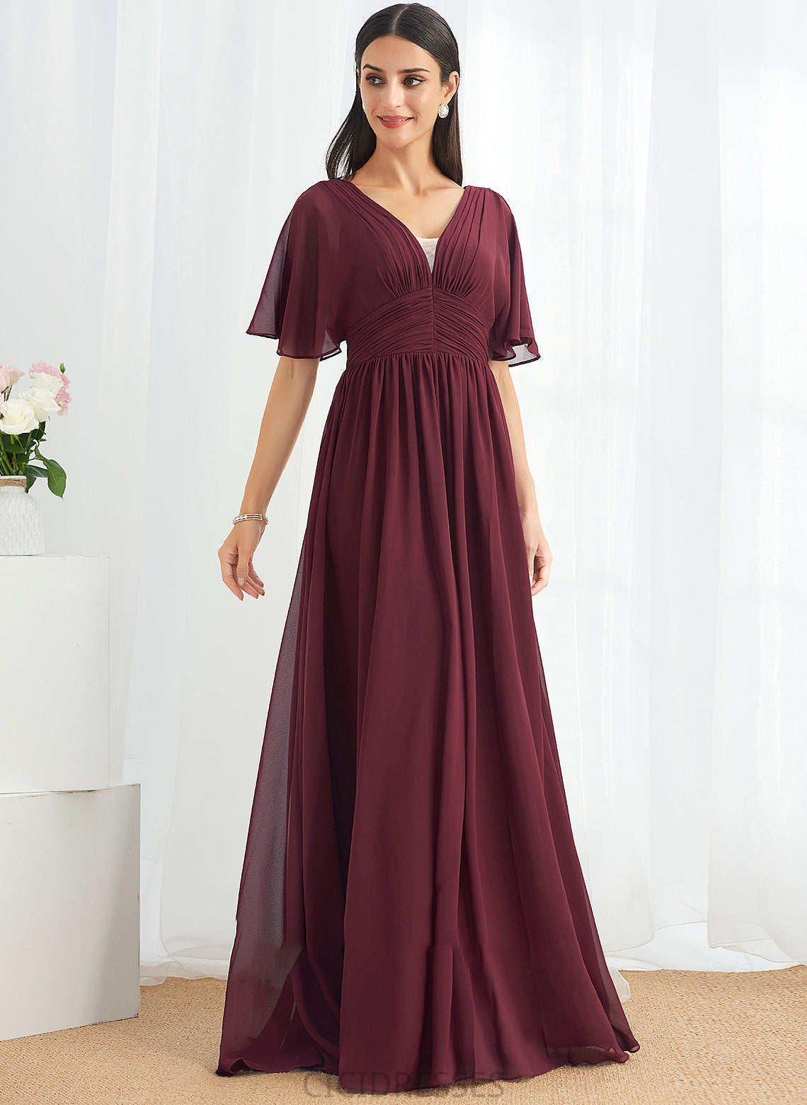 Length Fabric V-neck A-Line Floor-Length Ruffle Silhouette Neckline Embellishment Reese Sleeveless Floor Length Bridesmaid Dresses