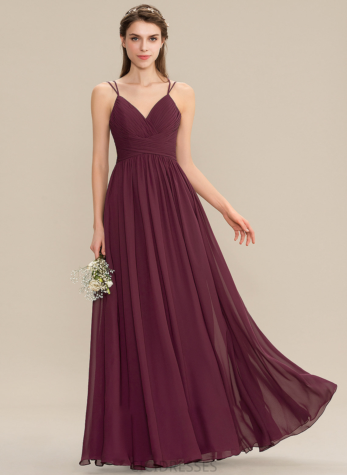 Fabric Silhouette V-neck Embellishment Ruffle Neckline Length Floor-Length A-Line Celeste Sleeveless A-Line/Princess Bridesmaid Dresses