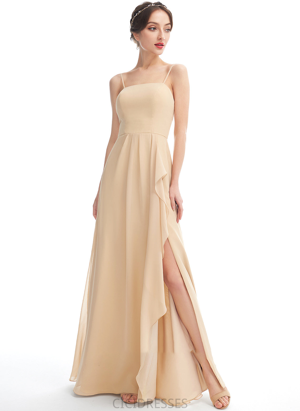 SquareNeckline Embellishment Floor-Length SplitFront A-Line Fabric Silhouette Neckline Length Amari V-Neck Natural Waist Bridesmaid Dresses