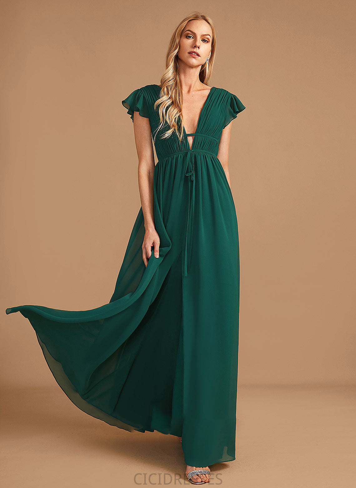 Neckline Silhouette Floor-Length Embellishment A-Line SplitFront Length V-neck Fabric Annabel V-Neck Natural Waist Bridesmaid Dresses