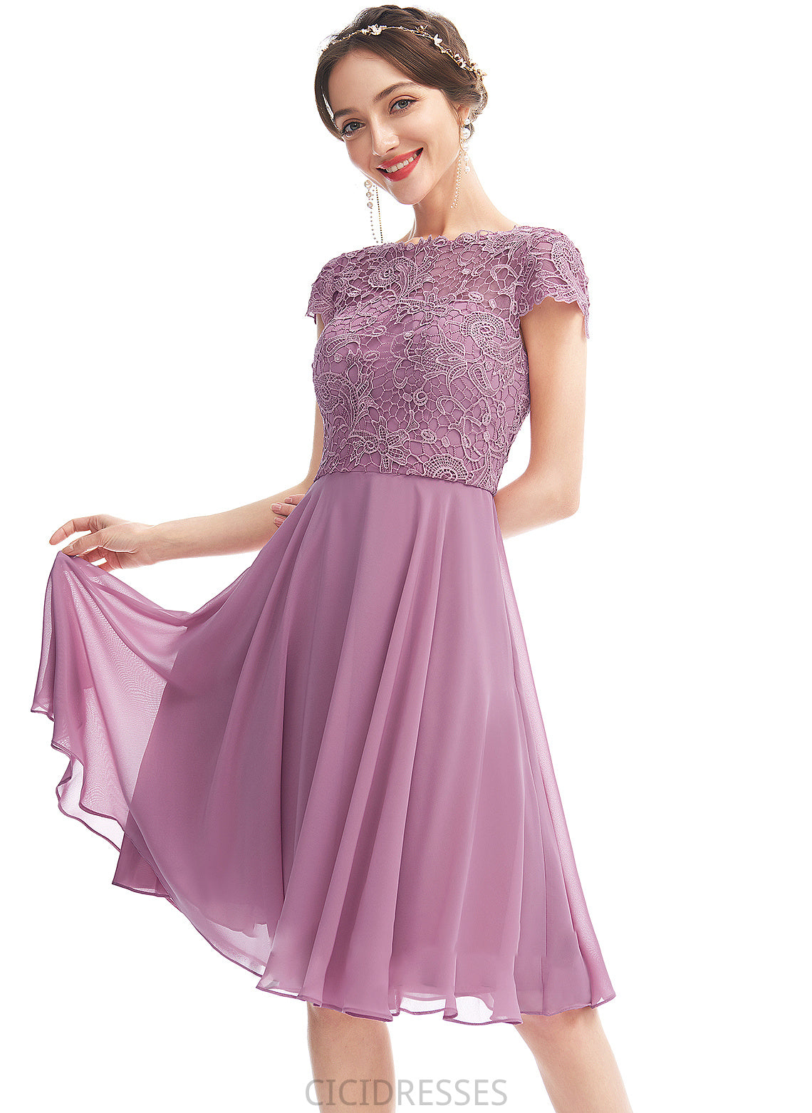 Lace Fabric Neckline Silhouette A-Line ScoopNeck Knee-Length Length Straps Elena One Shoulder Natural Waist Bridesmaid Dresses