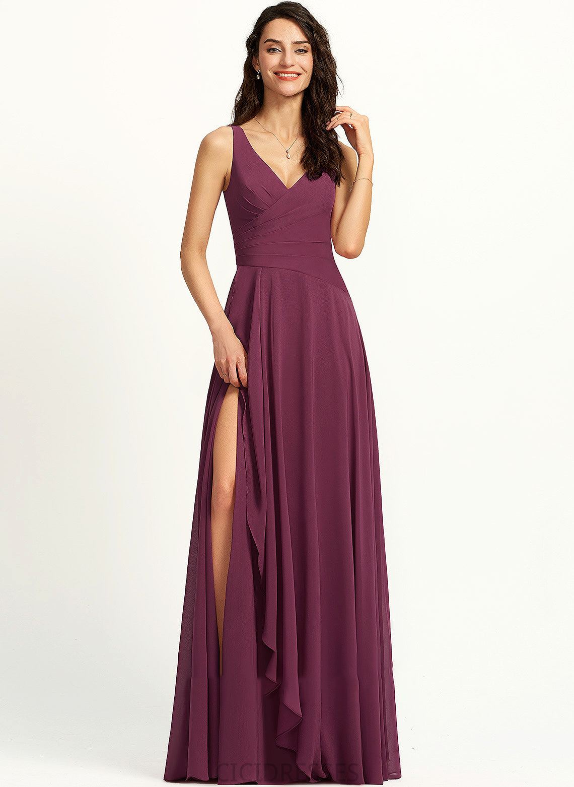 V-neck SplitFront Silhouette A-Line Floor-Length Length Neckline Embellishment Fabric Vanessa V-Neck A-Line/Princess Bridesmaid Dresses