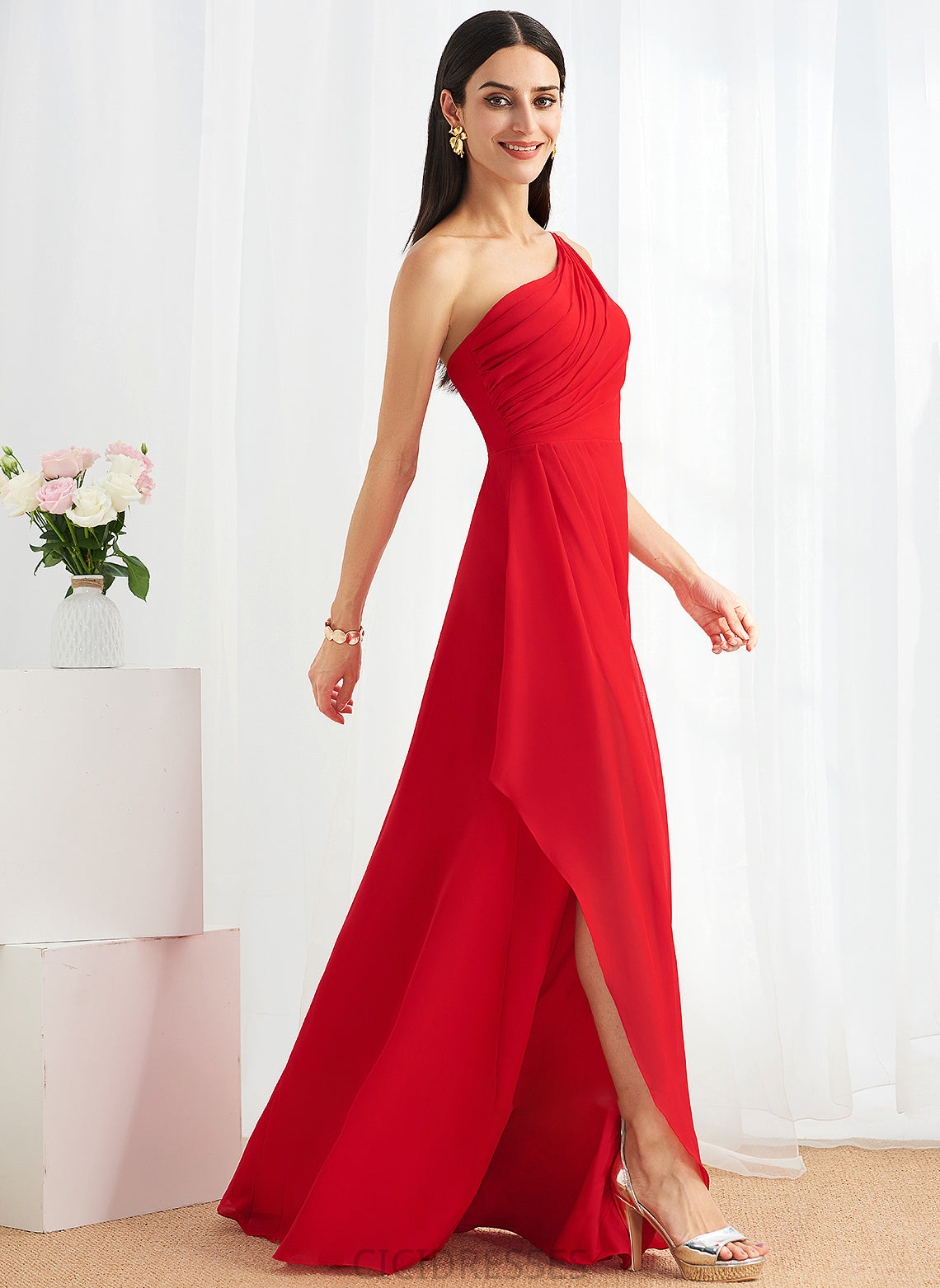 One-Shoulder A-Line Floor-Length Neckline Silhouette Ruffle Length Embellishment Fabric SplitFront Luciana Scoop Bridesmaid Dresses