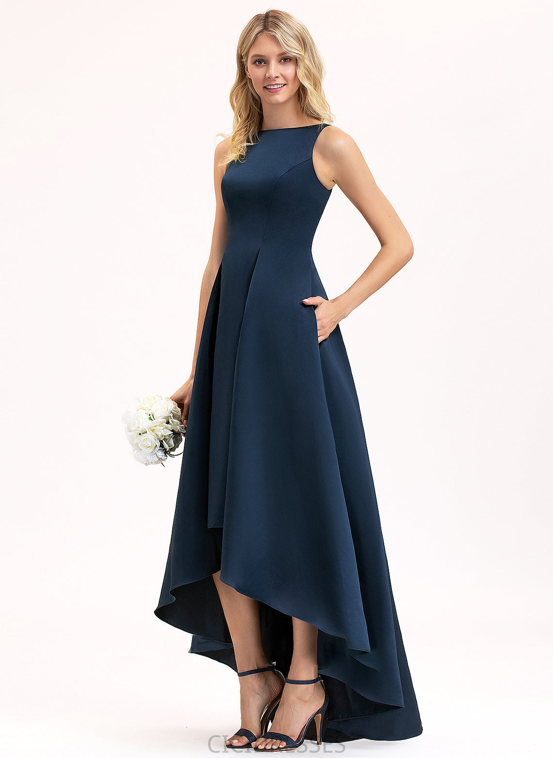 Silhouette A-Line Neckline Pockets ScoopNeck Length Fabric Embellishment Asymmetrical Justine A-Line/Princess Natural Waist Bridesmaid Dresses