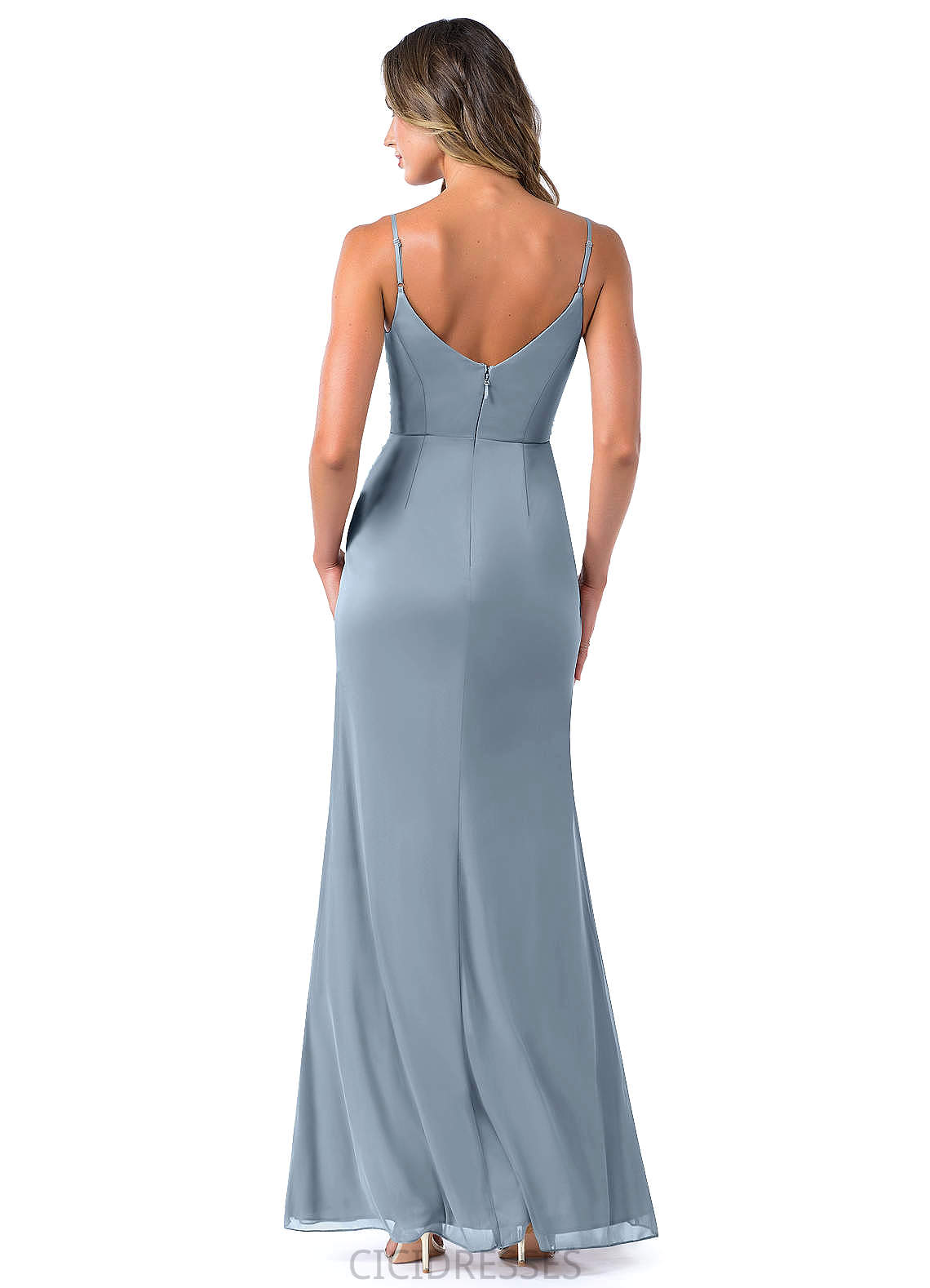 Danielle Sleeveless Spaghetti Staps Natural Waist Tea Length A-Line/Princess Bridesmaid Dresses