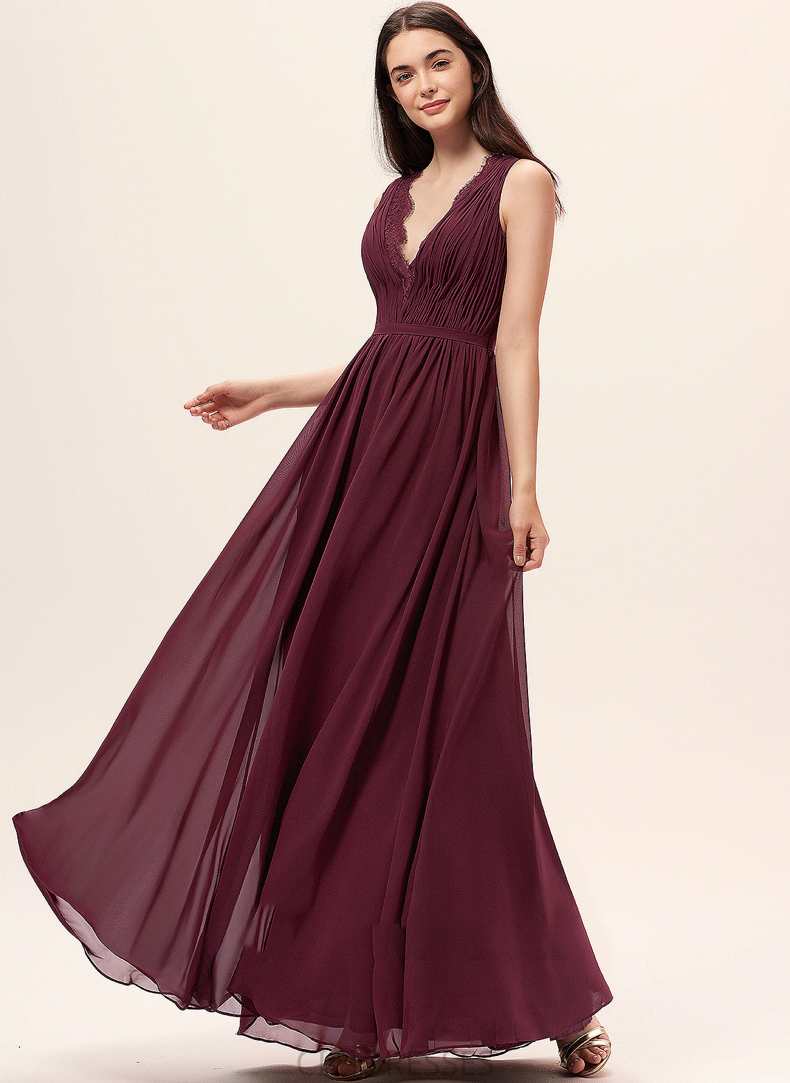 Silhouette Floor-Length Length Embellishment Fabric A-Line V-neck Ruffle Neckline Lace Ryan V-Neck Bridesmaid Dresses