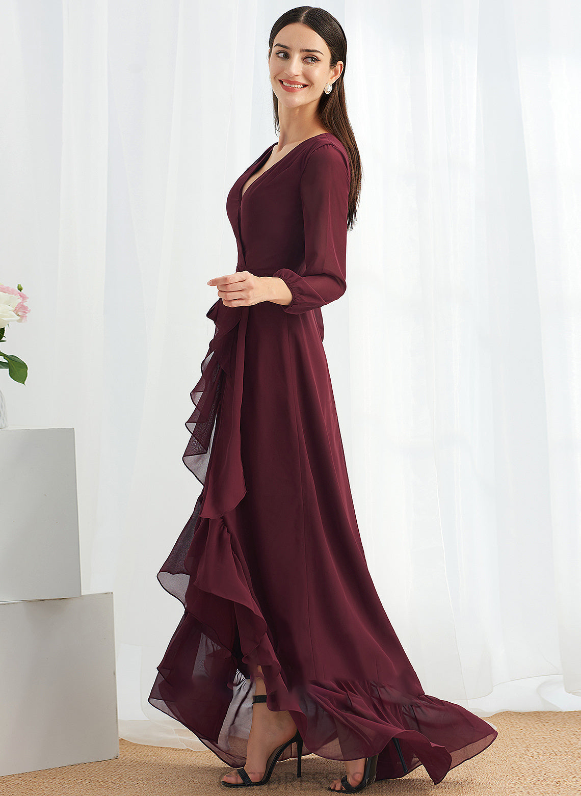 Silhouette A-Line Ruffle Embellishment Asymmetrical SplitFront V-neck Fabric Length Neckline Zion Floor Length Bridesmaid Dresses