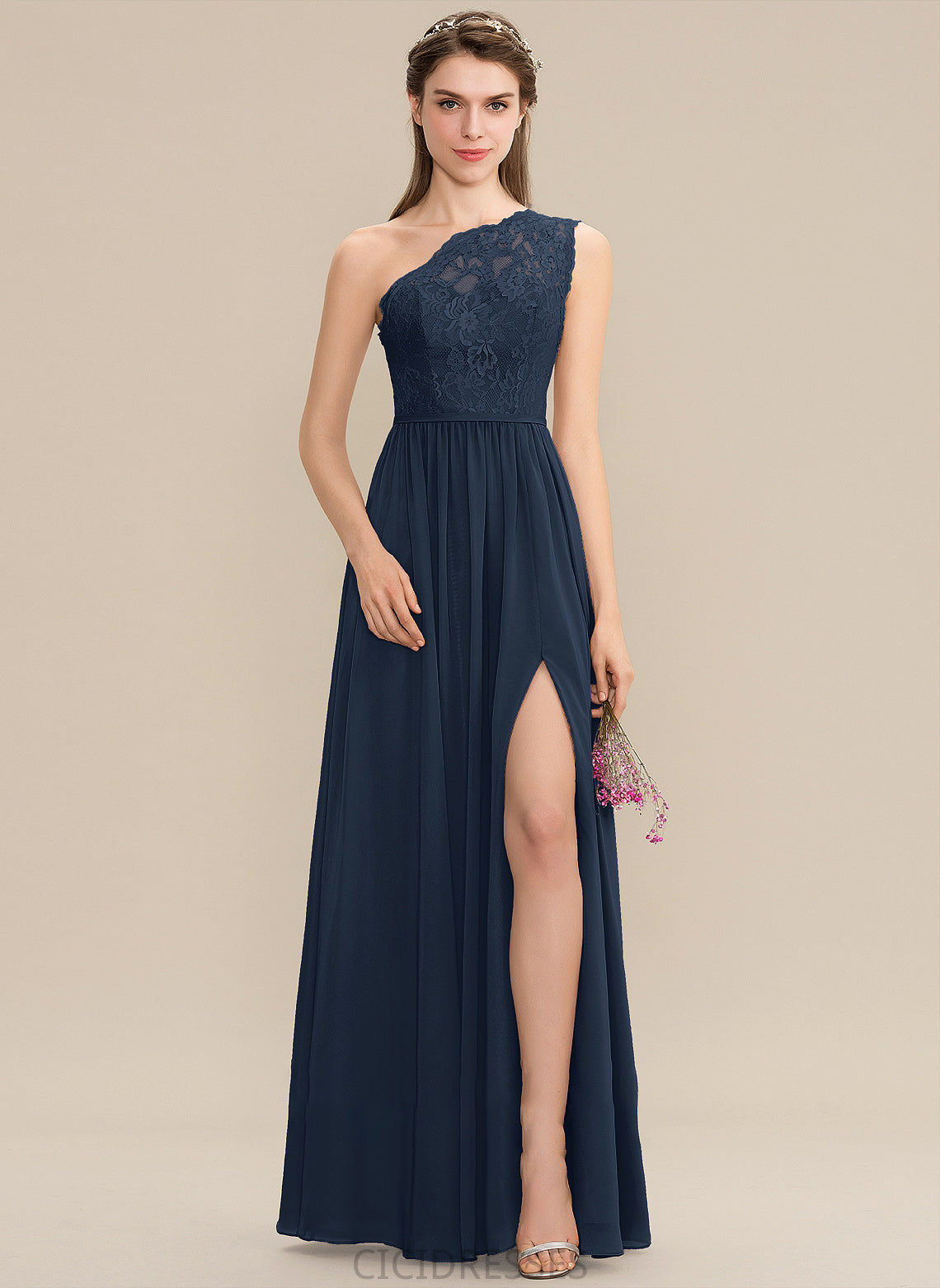 Fabric Embellishment Floor-Length One-Shoulder SplitFront Length A-Line Neckline Silhouette Muriel Straps A-Line/Princess Bridesmaid Dresses