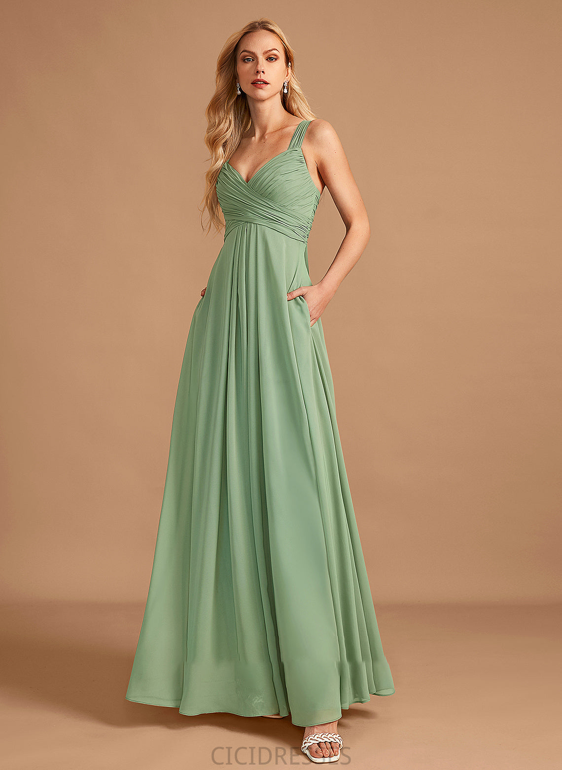 Neckline Fabric Embellishment A-Line Floor-Length Ruffle Silhouette V-neck Length Meadow Knee Length Sleeveless Bridesmaid Dresses