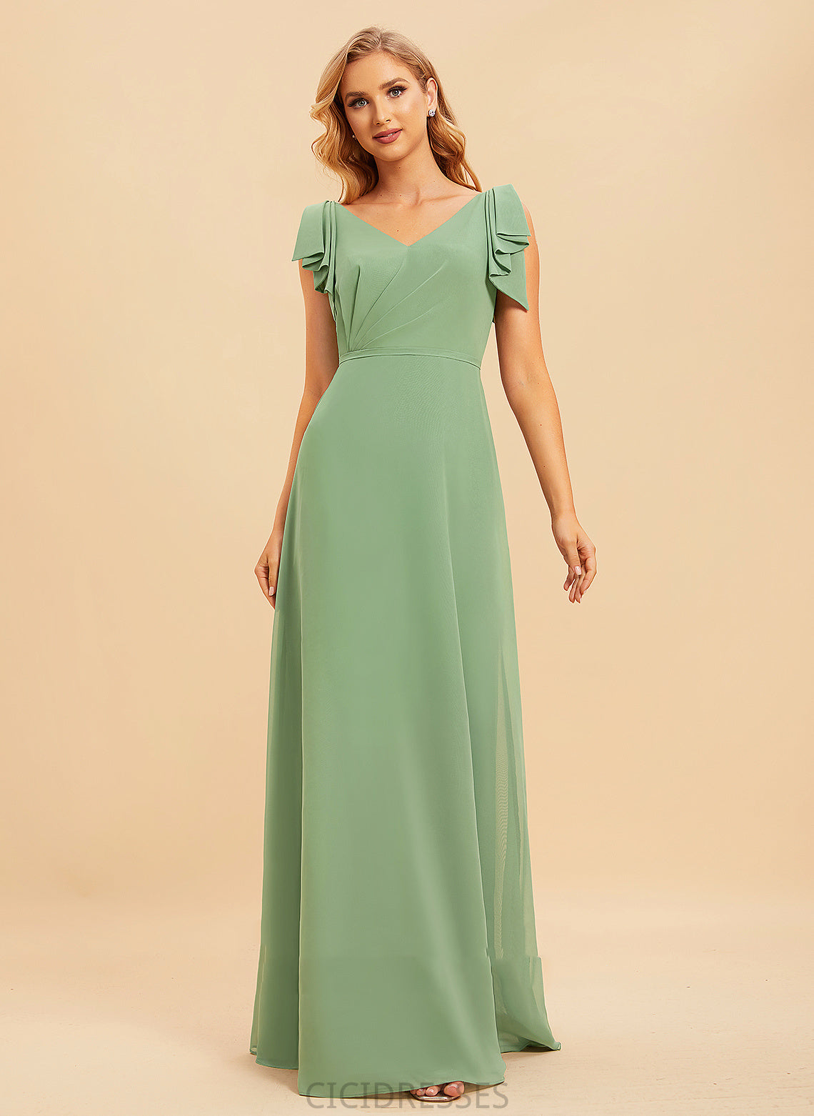 Ruffle Fabric A-Line Embellishment Neckline V-neck Floor-Length Silhouette Length Gloria Floor Length Sleeveless Bridesmaid Dresses