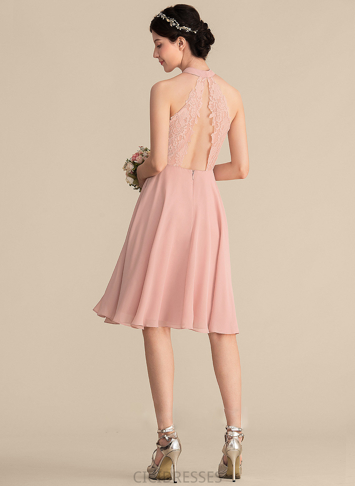 Lace Fabric Pockets Knee-Length Length ScoopNeck Silhouette Neckline A-Line Embellishment Kierra Sleeveless Bridesmaid Dresses