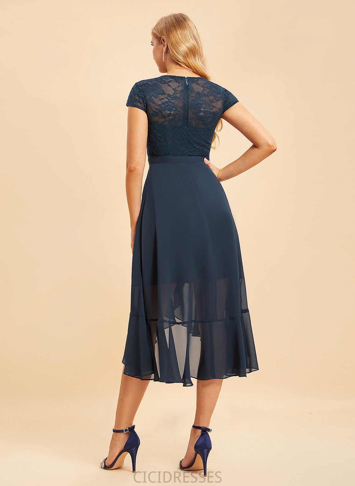 Fabric Length Lace ScoopNeck Asymmetrical Neckline Embellishment A-Line Silhouette Corinne Sleeveless A-Line/Princess Bridesmaid Dresses