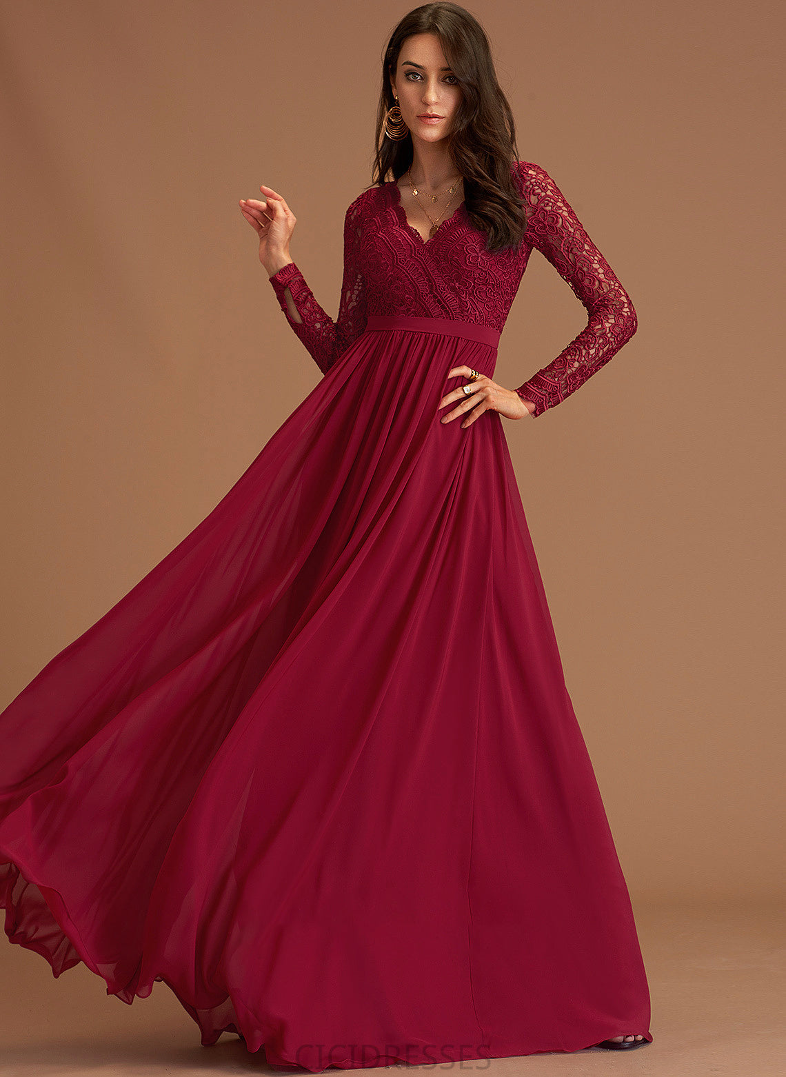 A-Line Silhouette Lace Embellishment Length Floor-Length V-neck Neckline Fabric Maleah Short Sleeves A-Line/Princess Bridesmaid Dresses