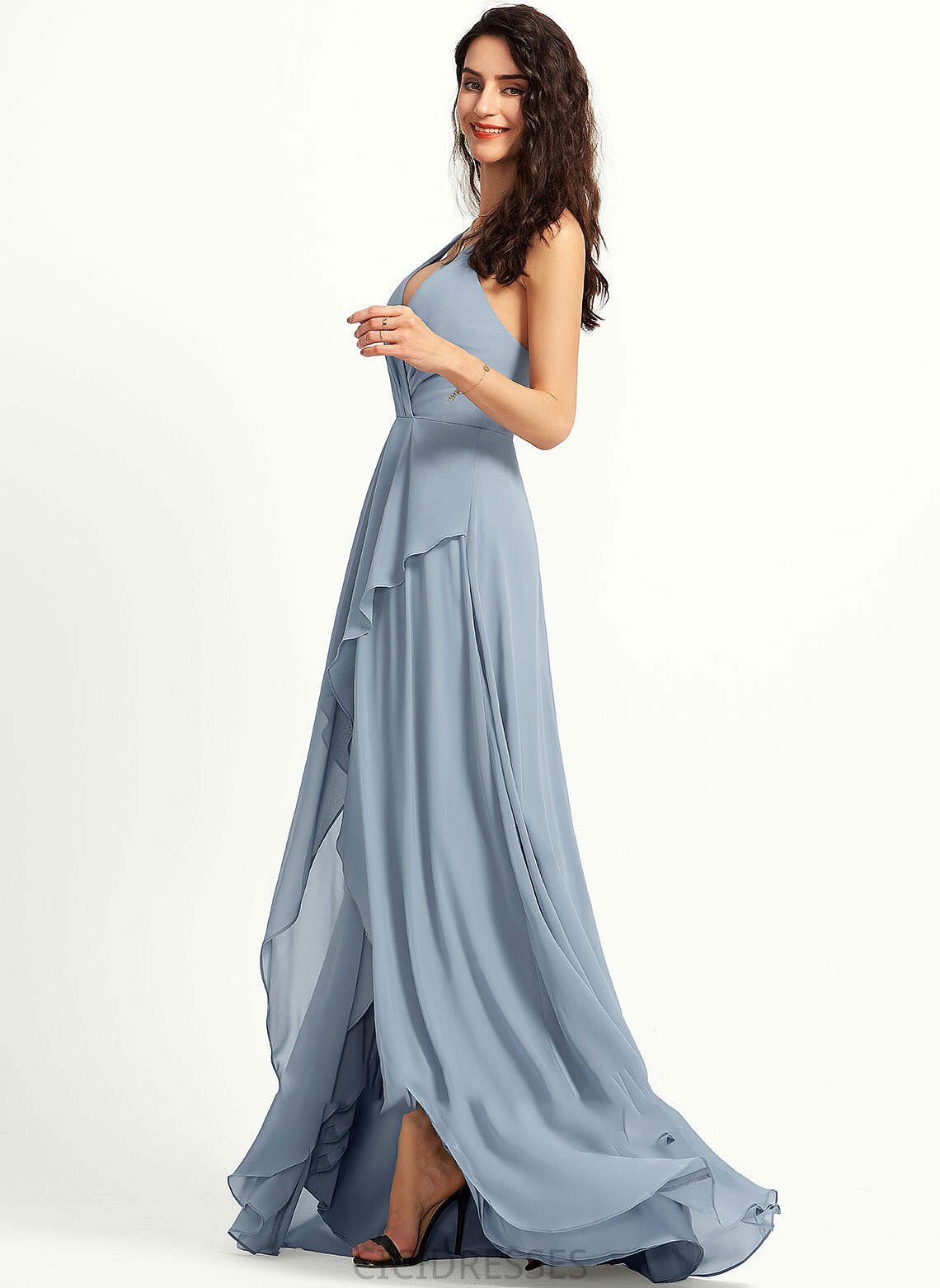 A-Line Straps Neckline V-neck Fabric Length Asymmetrical Silhouette Luna A-Line/Princess Half Sleeves Natural Waist Bridesmaid Dresses