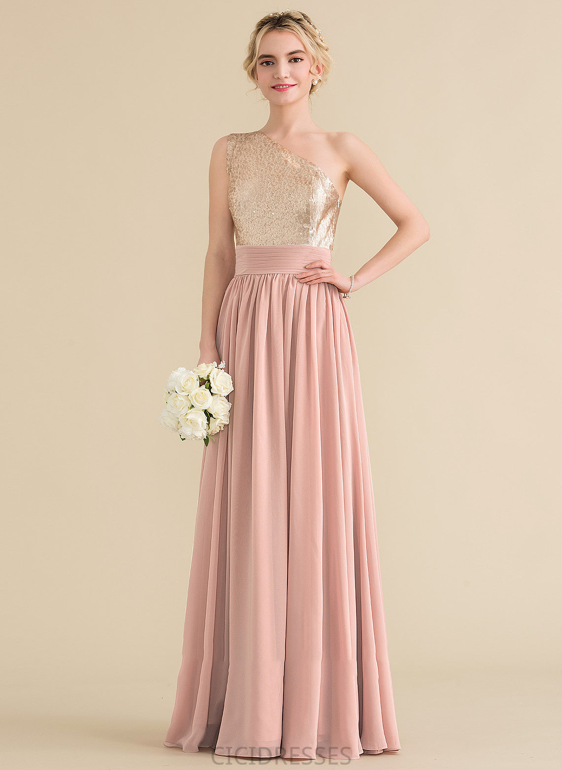 One-Shoulder Floor-Length A-Line Silhouette Length Sequined Neckline Straps Fabric Anna Sleeveless Scoop Bridesmaid Dresses