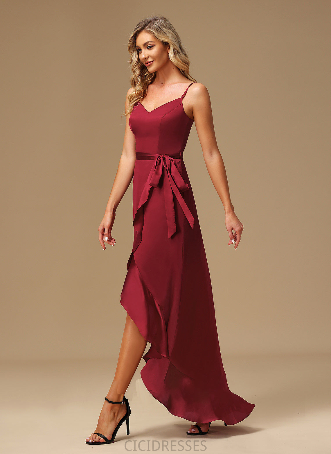 A-Line Length Fabric Embellishment Asymmetrical Neckline V-neck SplitFront Silhouette Annabella Floor Length V-Neck Bridesmaid Dresses