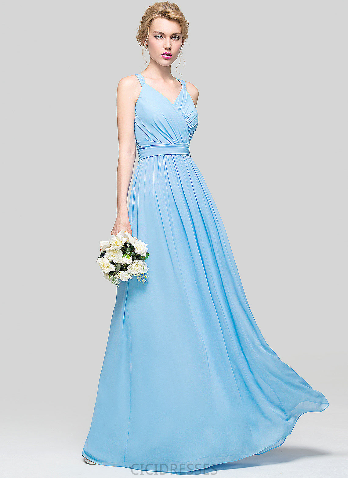 Embellishment Silhouette Neckline Length Floor-Length V-neck A-Line Bow(s) Fabric Ruffle Salma Sleeveless Bridesmaid Dresses