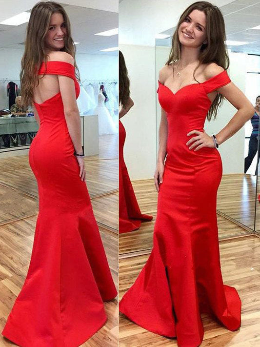 2024 Gorgeous Red Off-the-Shoulder Mermaid Satin Prom Dresses