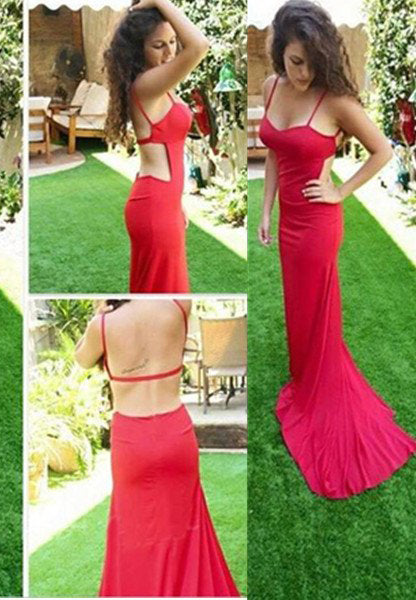 2024 Gorgeous Red Column/Sheath Spaghetti Straps Sleeveless Natural Backless Long Floor length Prom Dresses