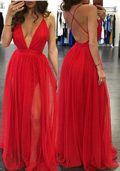 2024 Gorgeous Red Sexy Deep V-Neck A-Line Prom Dresses
