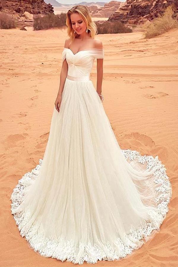 Charming Off the Shoulder Tulle Long Beach Wedding Dress with Lace Appliques N2526