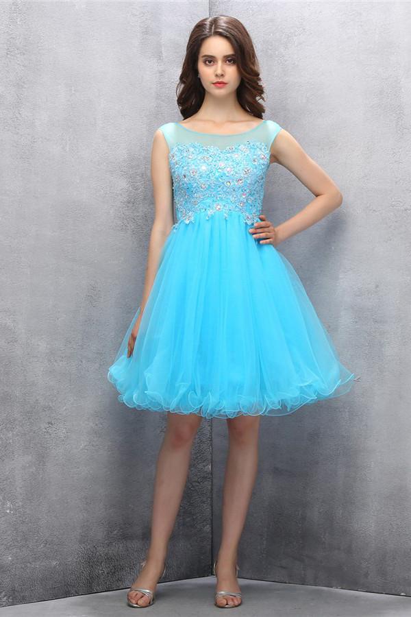 Knee-length Blue Organza Homecoming Dress with Appliques Sequins ED86