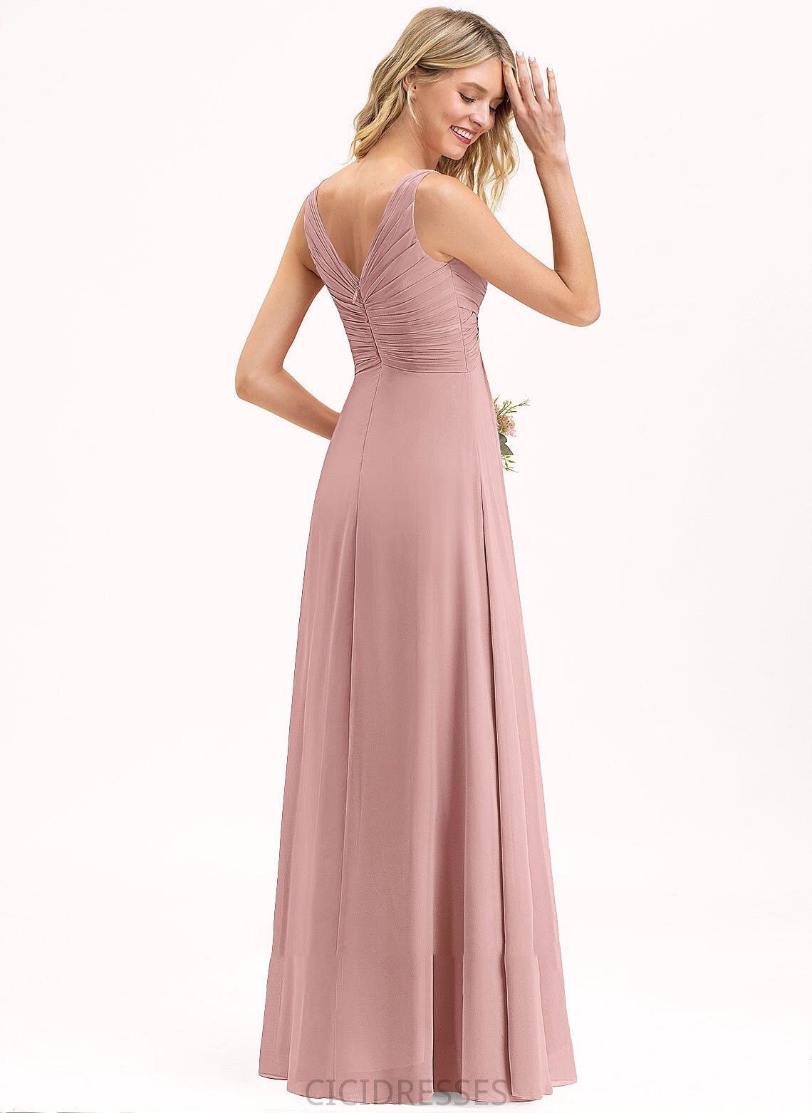 Fabric A-Line Floor-Length Embellishment Silhouette Ruffle Neckline Length V-neck Mallory Sleeveless Floor Length Bridesmaid Dresses