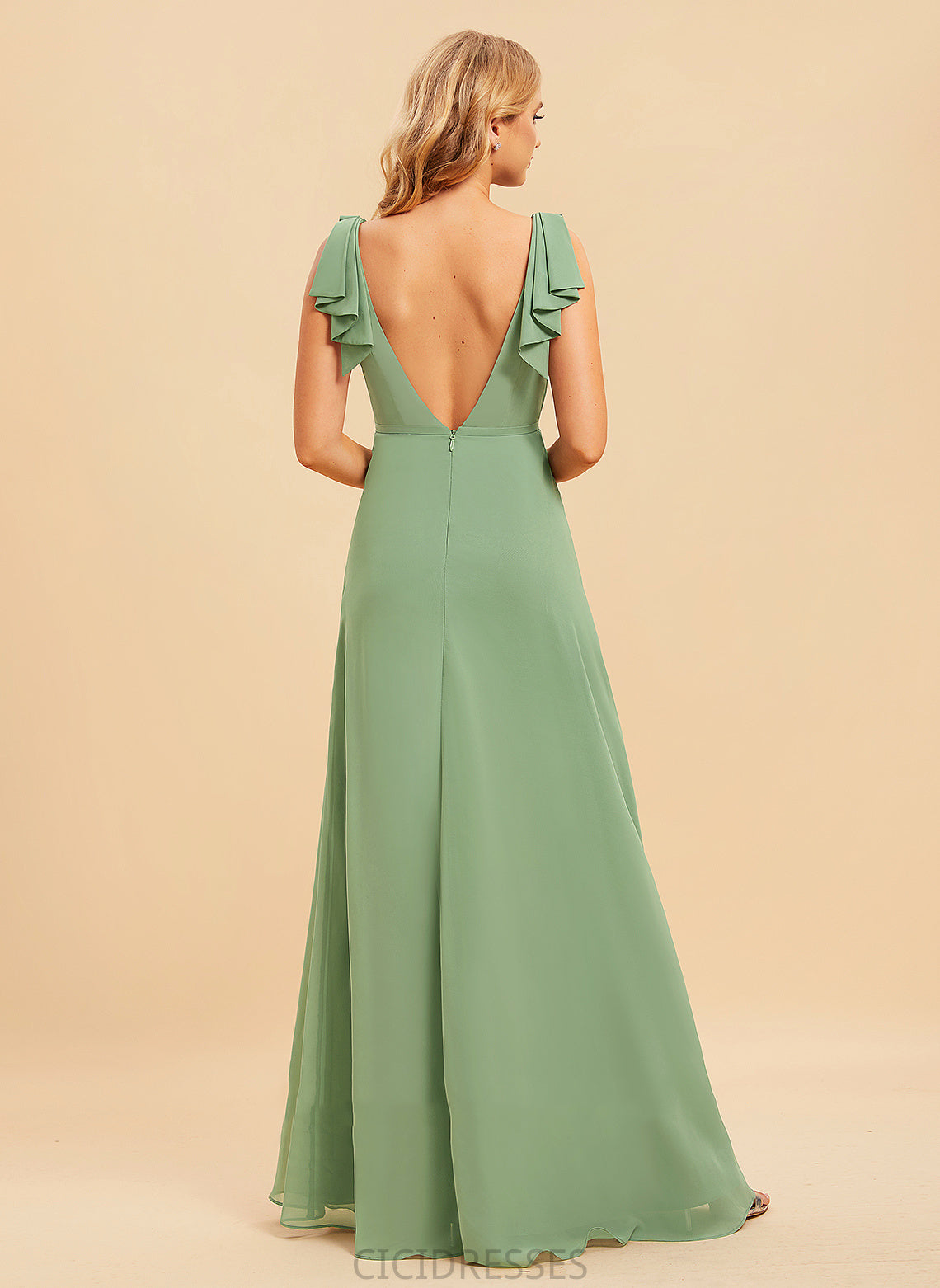 Ruffle Fabric A-Line Embellishment Neckline V-neck Floor-Length Silhouette Length Gloria Floor Length Sleeveless Bridesmaid Dresses