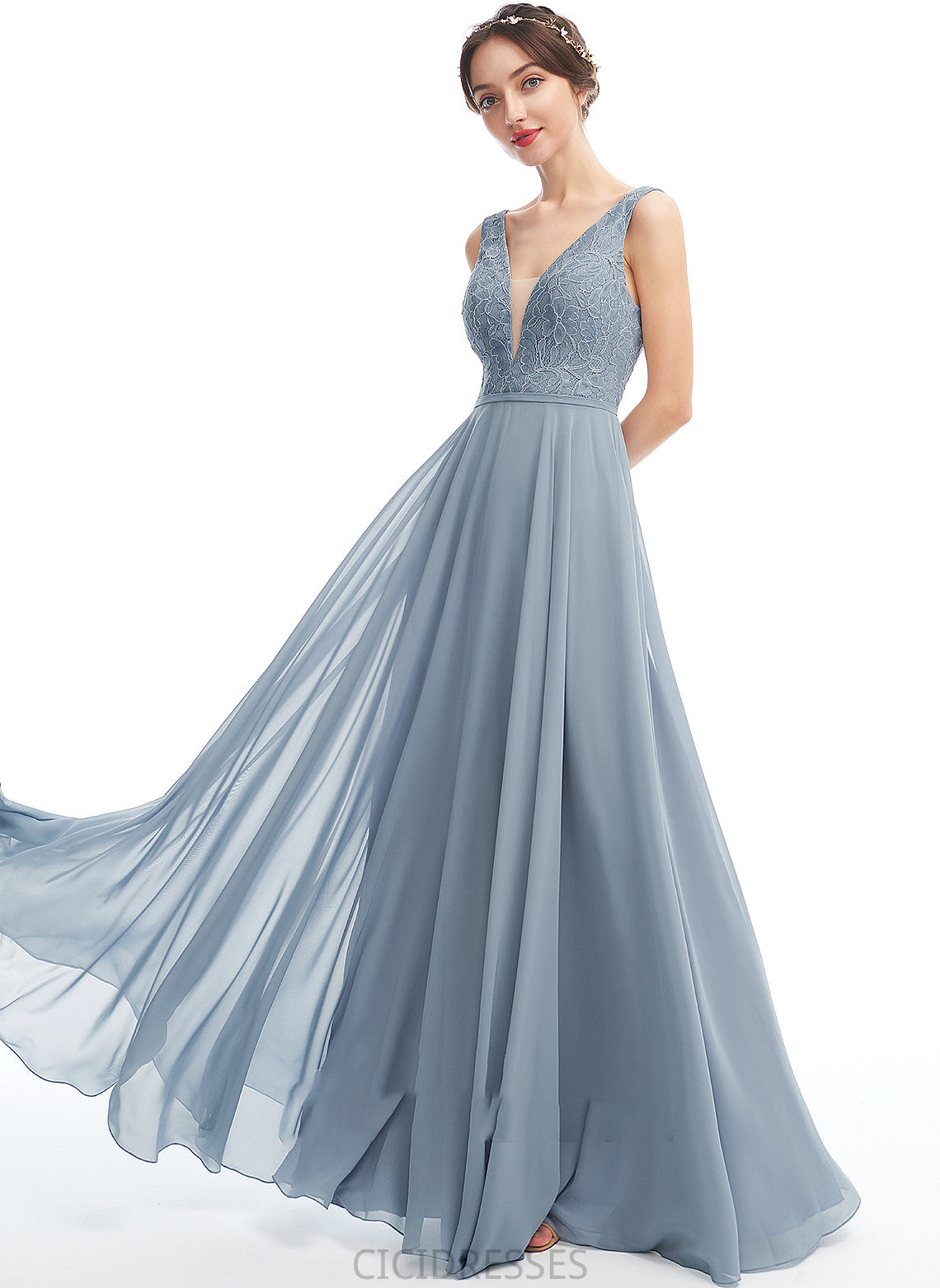 A-Line Straps Lace Neckline Fabric Length Silhouette Floor-Length V-neck Anya V-Neck Sleeveless Bridesmaid Dresses
