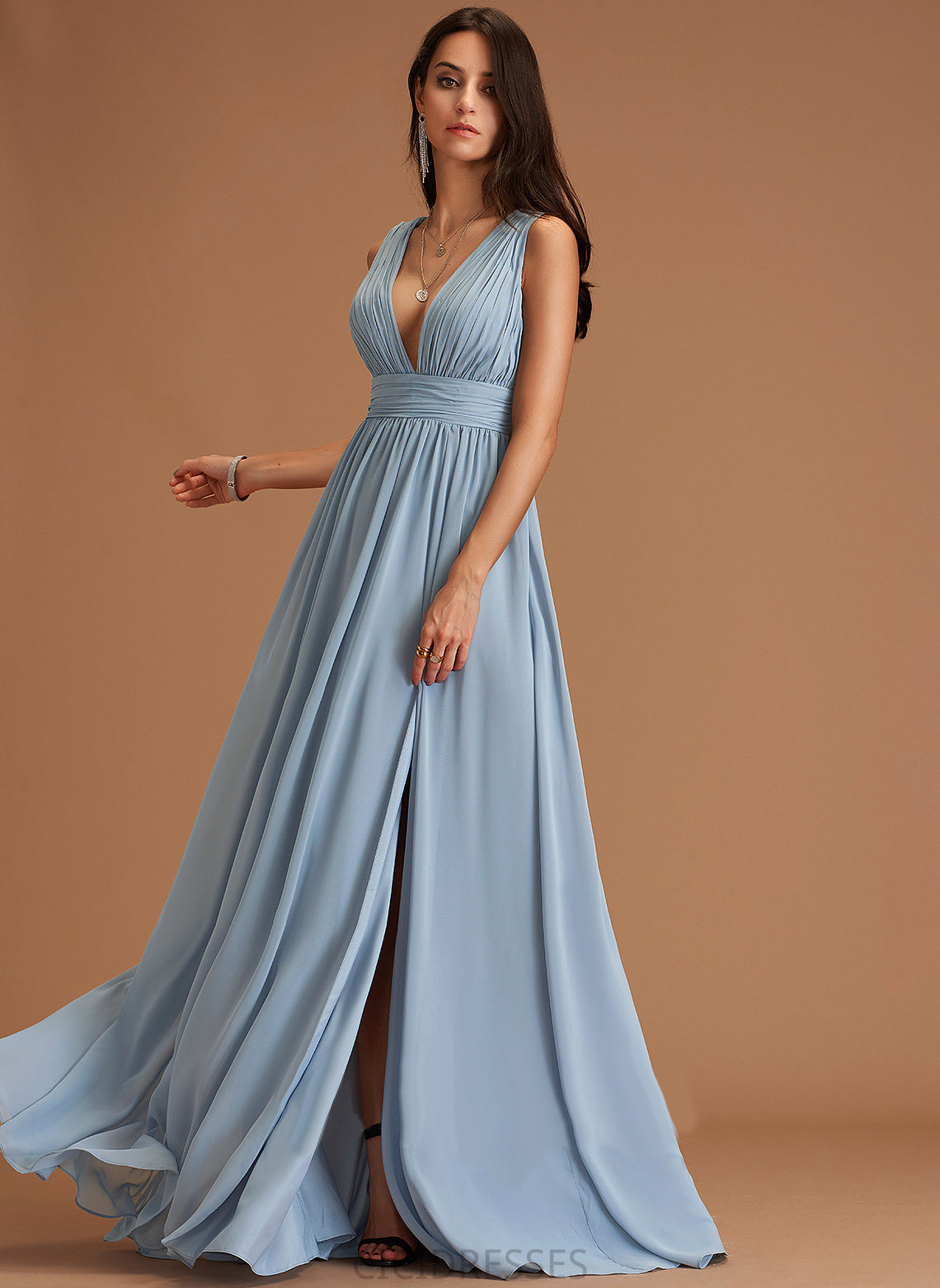 V-neck A-Line Floor-Length Silhouette Embellishment Neckline Fabric SplitFront Length Laurel Floor Length Natural Waist Bridesmaid Dresses