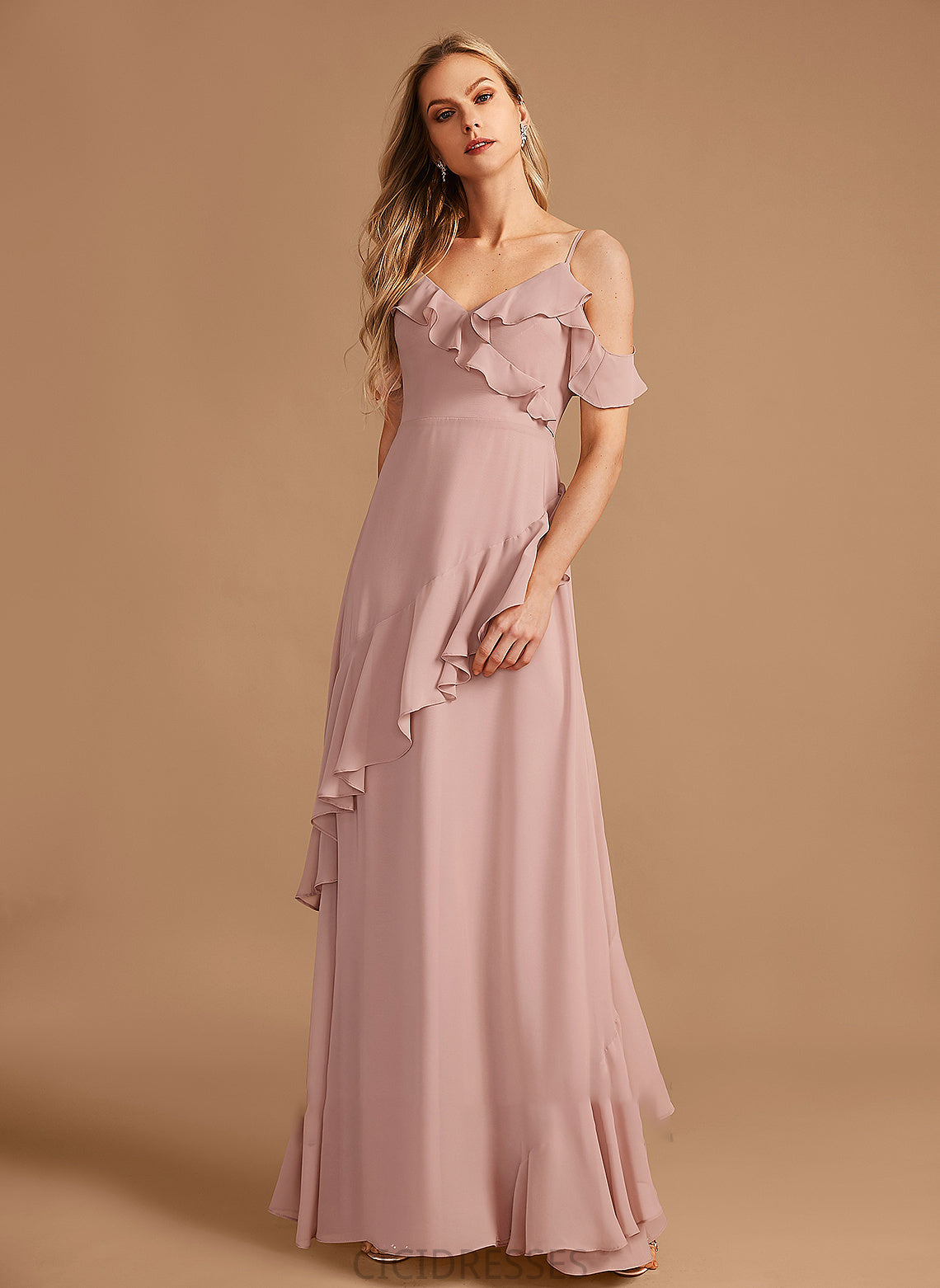 Floor-Length Silhouette Ruffle Length Fabric Embellishment Neckline A-Line V-neck Aryanna A-Line/Princess Natural Waist Bridesmaid Dresses