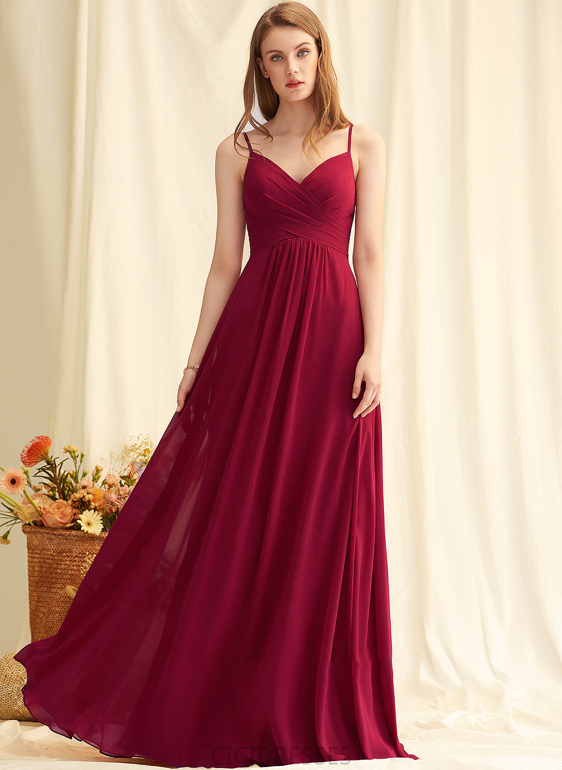 Floor-Length A-Line Fabric Neckline V-neck Silhouette Ruffle Length Embellishment Jaylyn Sleeveless Floor Length Bridesmaid Dresses