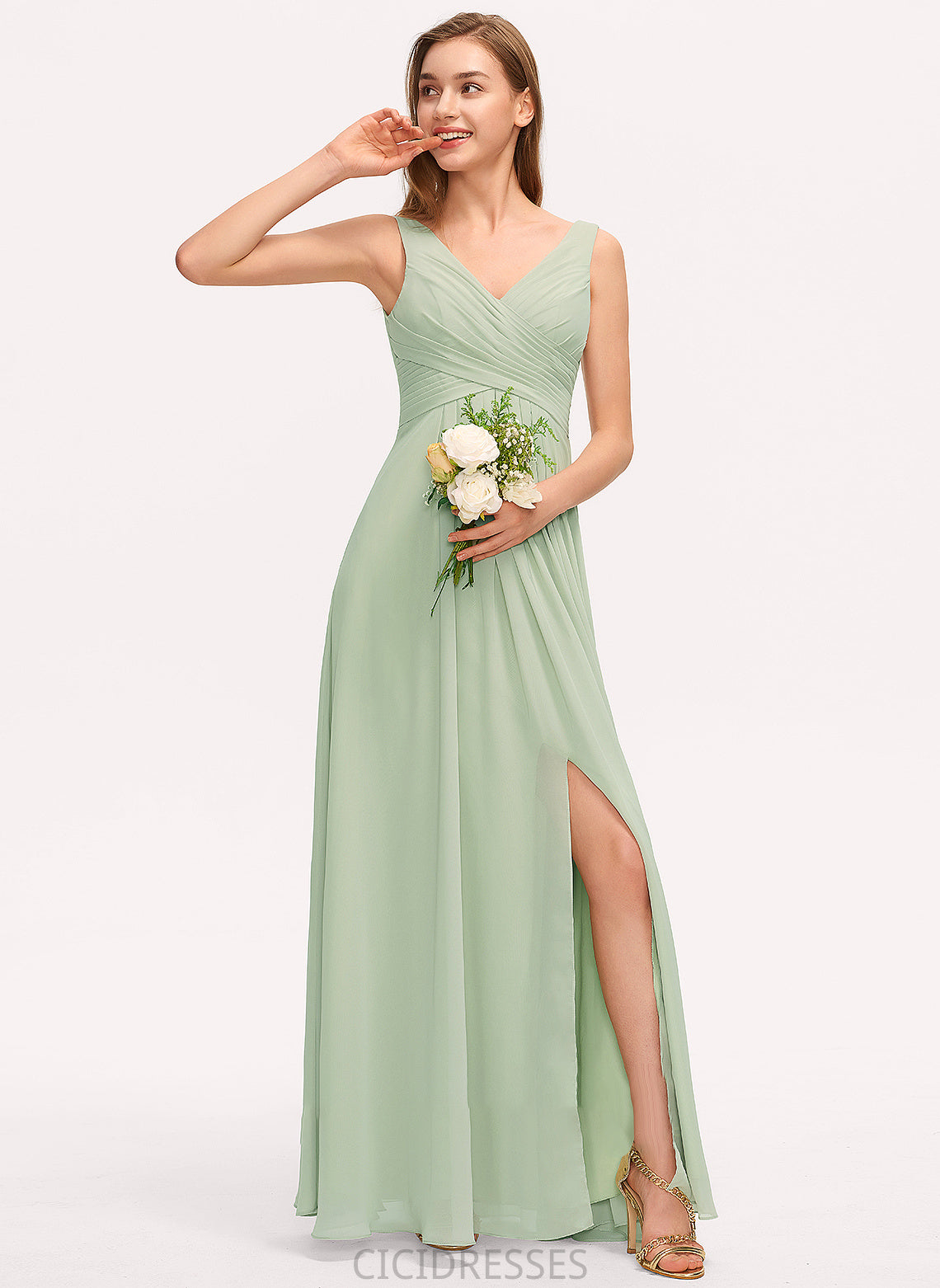 Length Ruffle Embellishment Neckline Floor-Length SplitFront Silhouette A-Line V-neck Fabric Nina Sleeveless Bridesmaid Dresses
