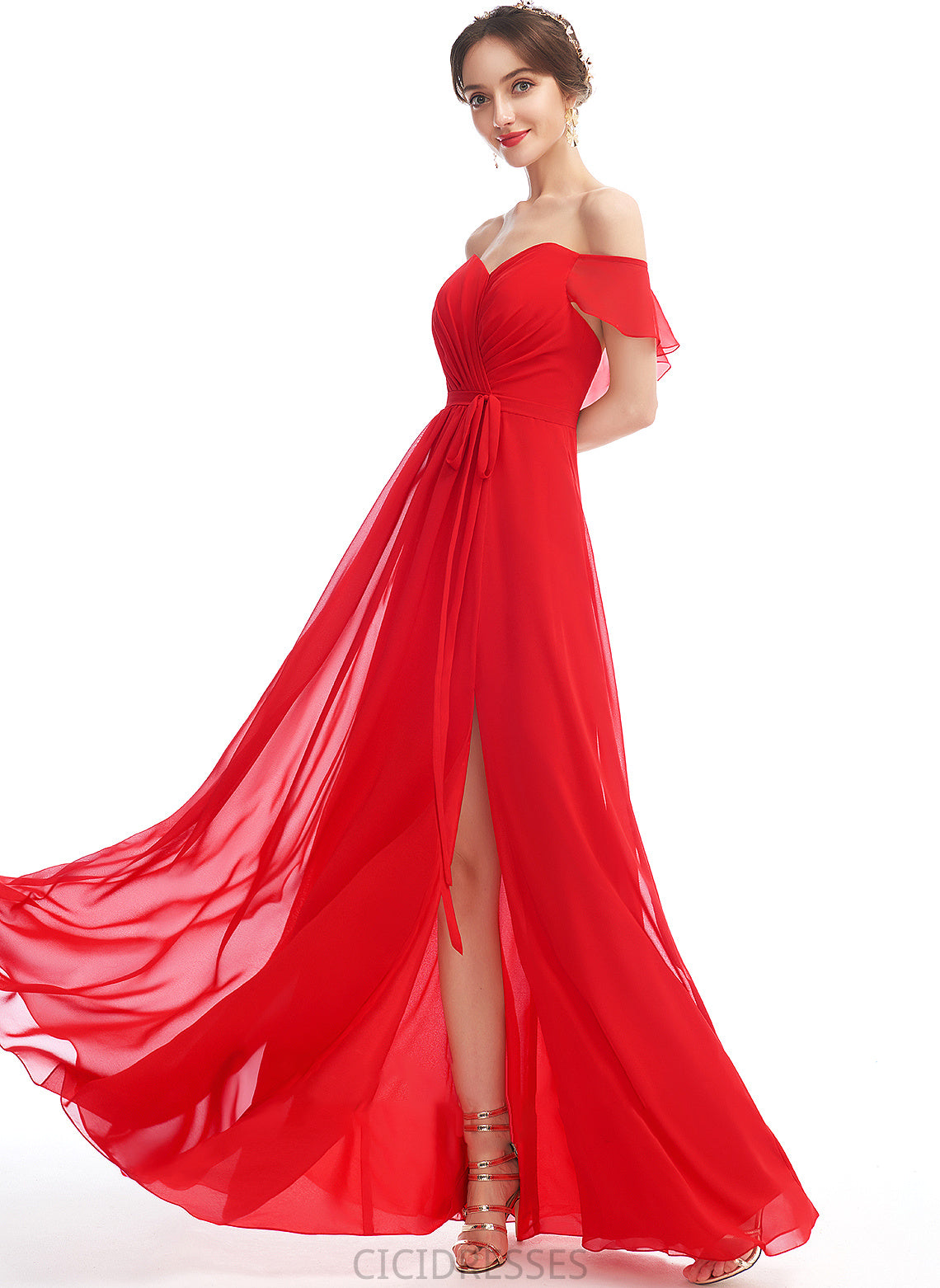 A-Line Fabric Embellishment Length Floor-Length Ruffle SplitFront Off-the-Shoulder Silhouette Neckline Brisa Floor Length Bridesmaid Dresses