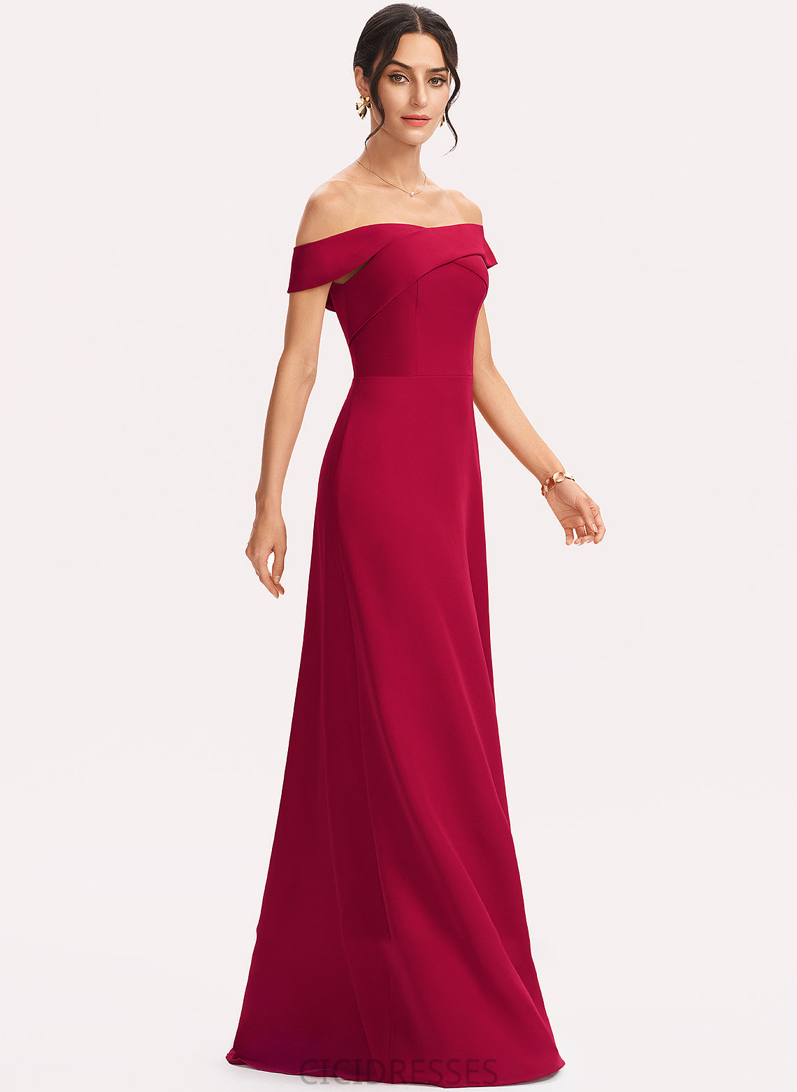 Neckline Silhouette Embellishment Floor-Length Off-the-Shoulder Fabric Sheath/Column Ruffle Length Emma Natural Waist Floor Length Bridesmaid Dresses