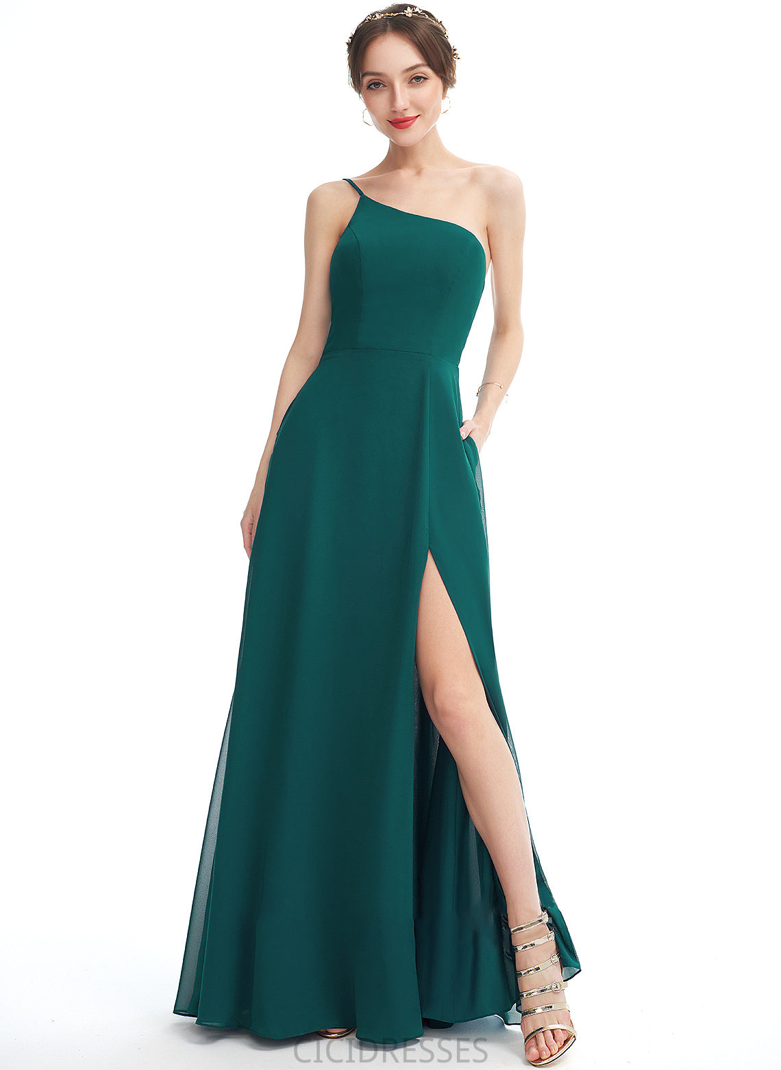 Silhouette Pockets Floor-Length Length SplitFront A-Line One-Shoulder Neckline Fabric Embellishment Hanna V-Neck Bridesmaid Dresses