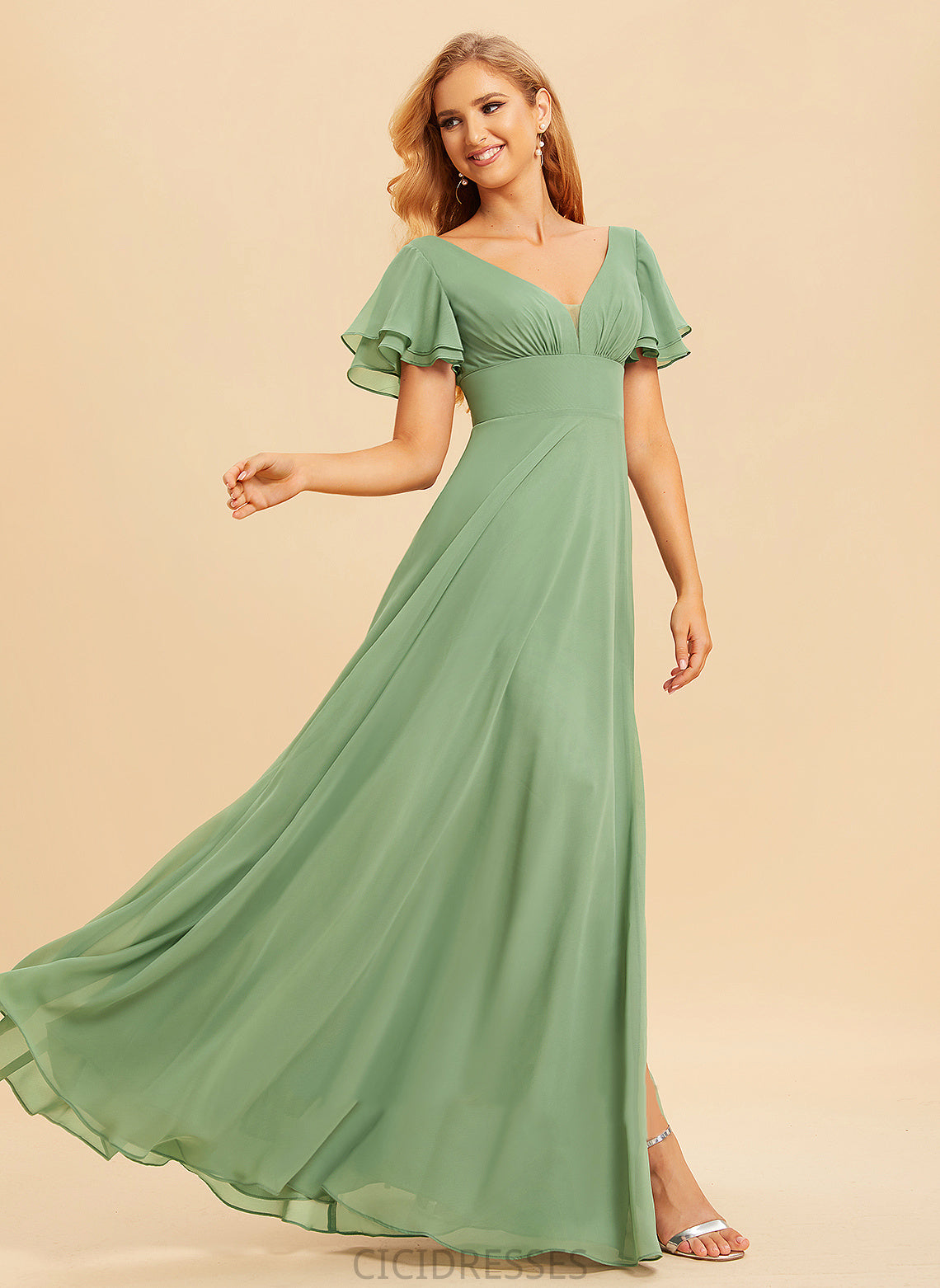 A-Line Neckline Silhouette Ruffle Floor-Length Fabric Embellishment Length SplitFront V-neck Alisson A-Line/Princess Bridesmaid Dresses
