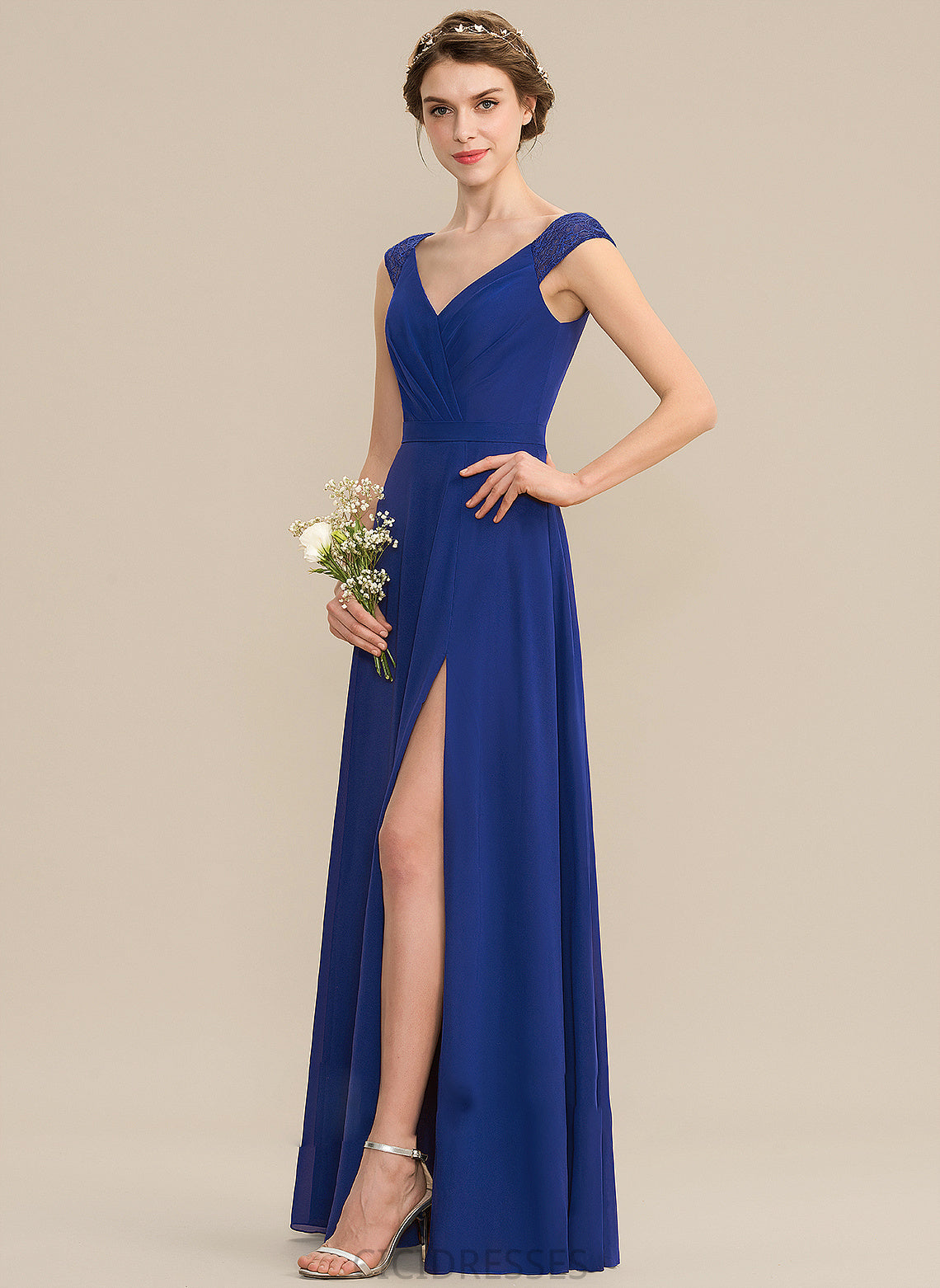 V-neck Silhouette A-Line SplitFront Fabric Floor-Length Embellishment Length Ruffle Neckline Sophie Natural Waist Bridesmaid Dresses