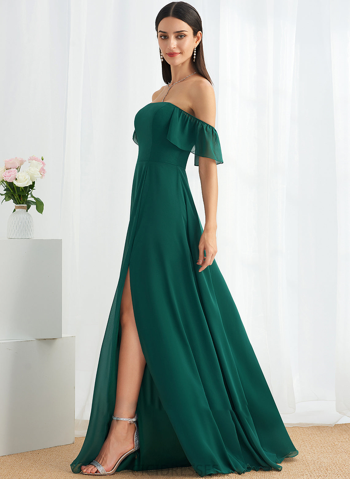 Silhouette Floor-Length Fabric SplitFront Off-the-Shoulder Embellishment Length Neckline A-Line Kiana A-Line/Princess Halter Bridesmaid Dresses