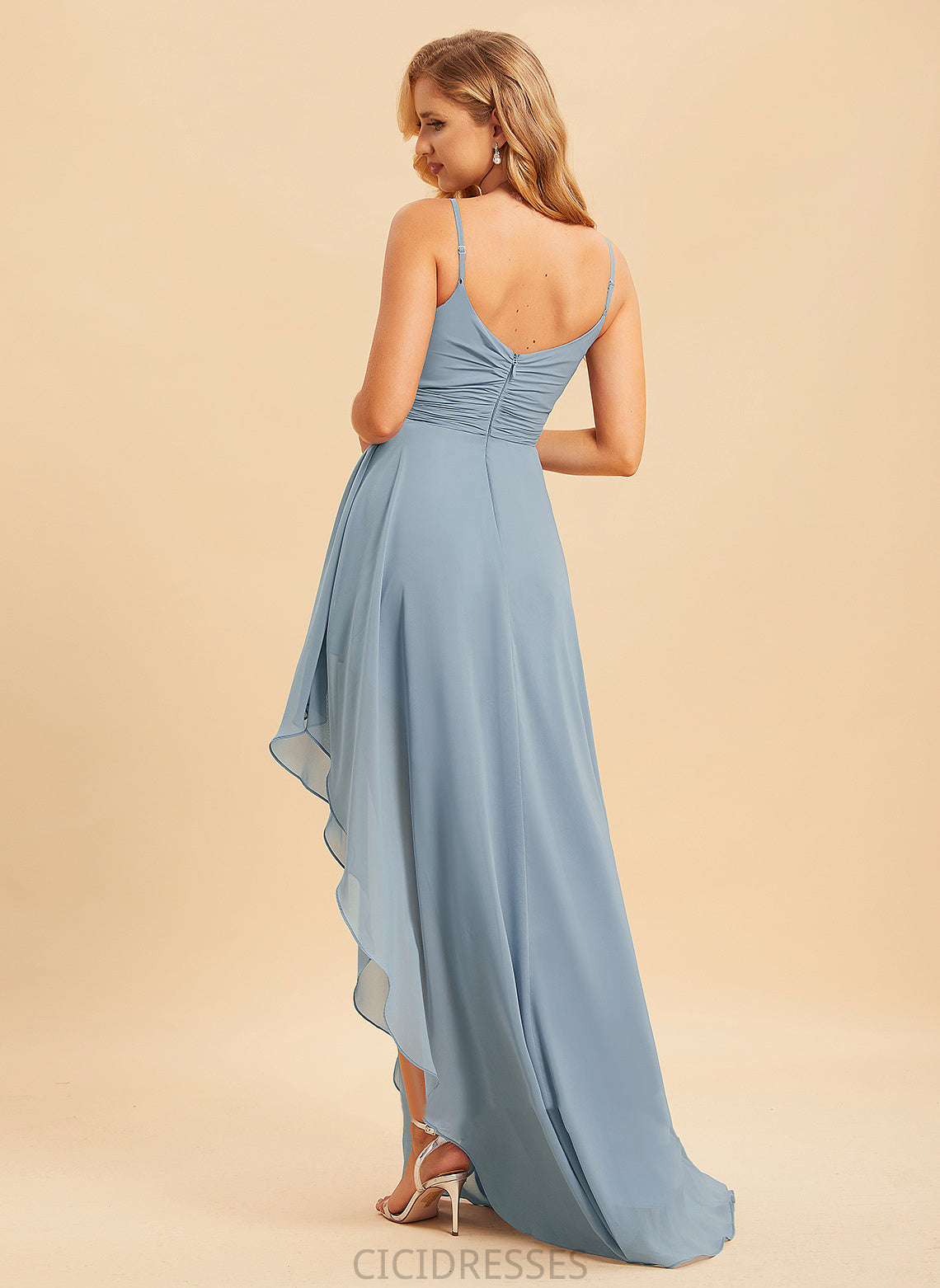Neckline Length Fabric V-neck Ruffle Embellishment A-Line Asymmetrical Silhouette June Scoop Natural Waist Bridesmaid Dresses