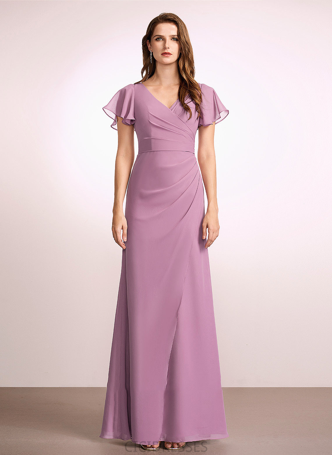 Floor-Length Embellishment Ruffle Fabric Silhouette Length V-neck Sheath/Column Neckline Quinn 3/4 Length Sleeve Natural Waist Bridesmaid Dresses