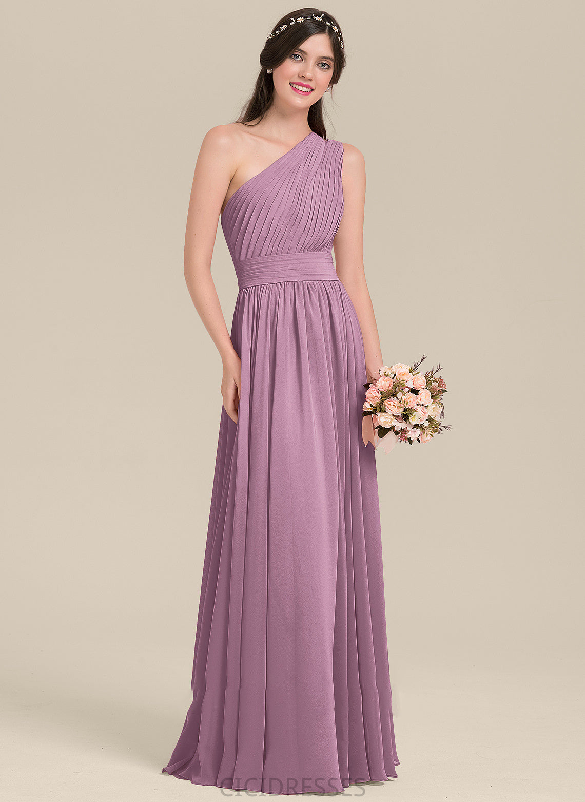 Embellishment One-Shoulder Neckline Length Silhouette Fabric Ruffle Floor-Length A-Line Pat Natural Waist Scoop Bridesmaid Dresses