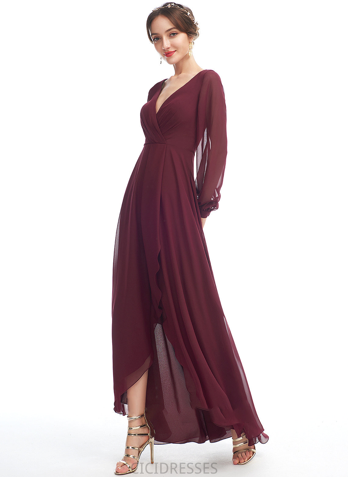 Neckline Silhouette Asymmetrical Embellishment A-Line V-neck Length Ruffle Fabric Anabel Floor Length Sleeveless Bridesmaid Dresses