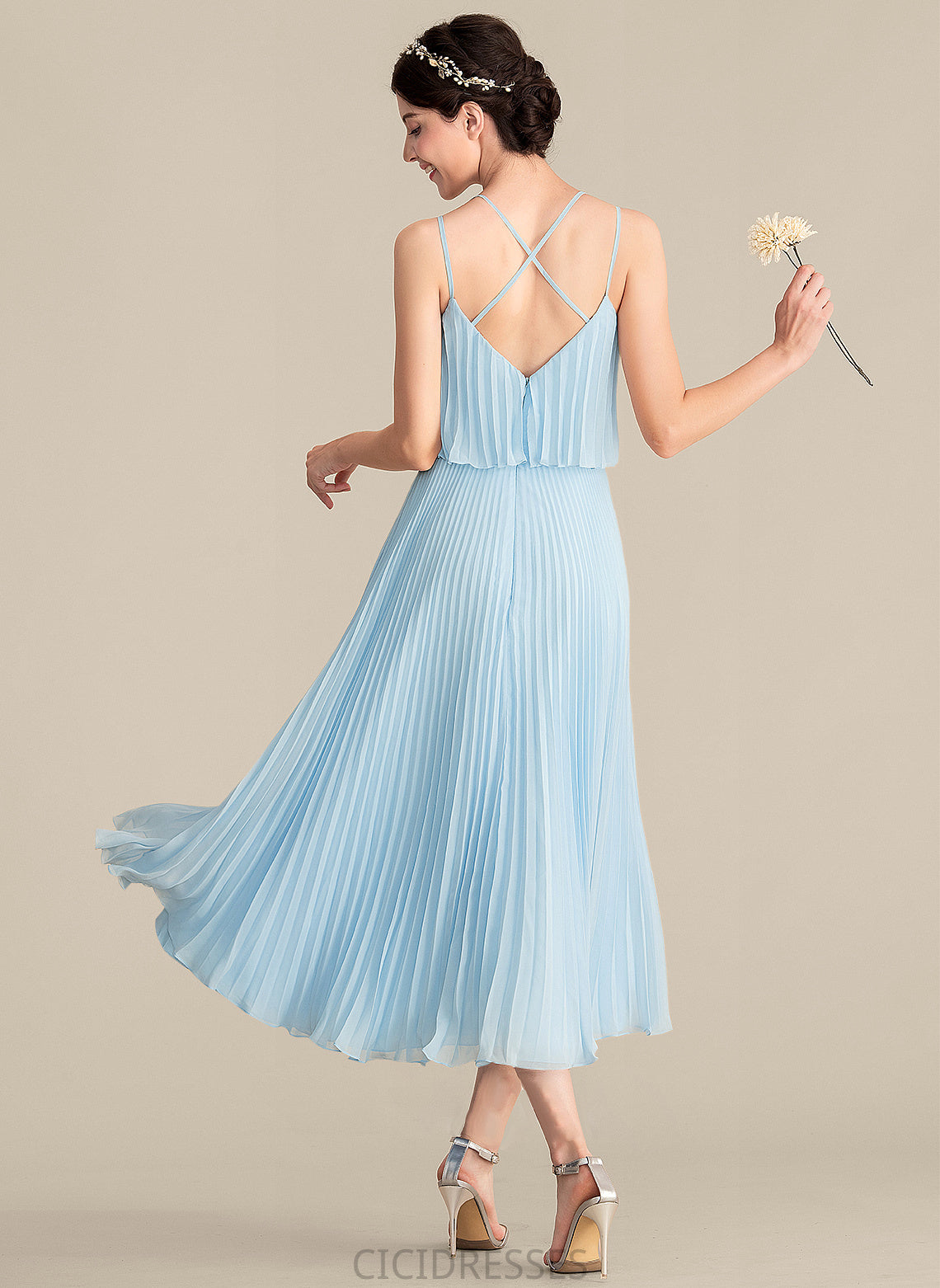 A-Line Tea-Length Pleated Fabric V-neck Embellishment Length Silhouette Neckline Emelia Natural Waist Floor Length Bridesmaid Dresses