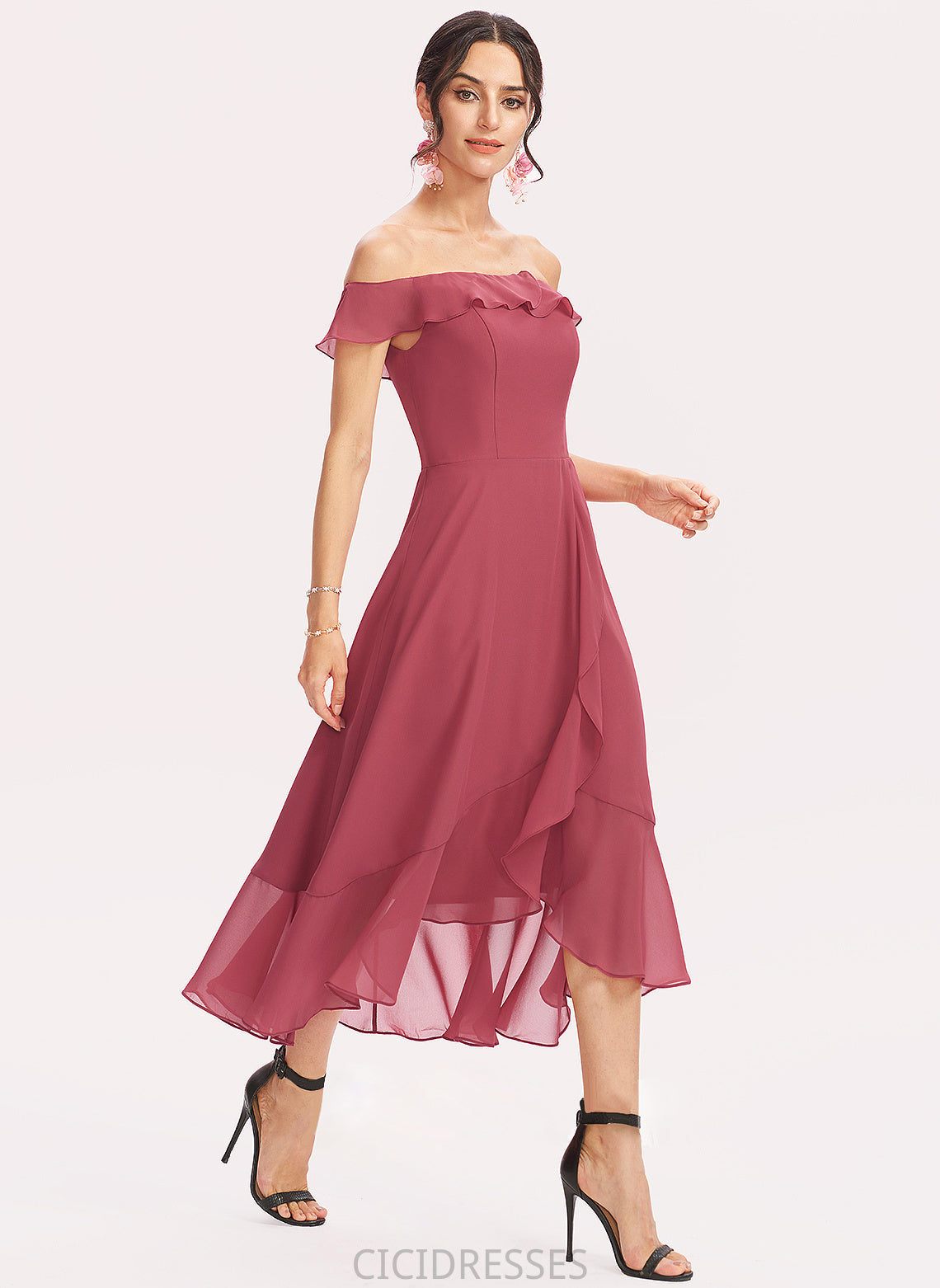 Off-the-Shoulder Tea-Length Neckline Fabric A-Line Embellishment Silhouette CascadingRuffles Length Lilyana Sleeveless Natural Waist Bridesmaid Dresses