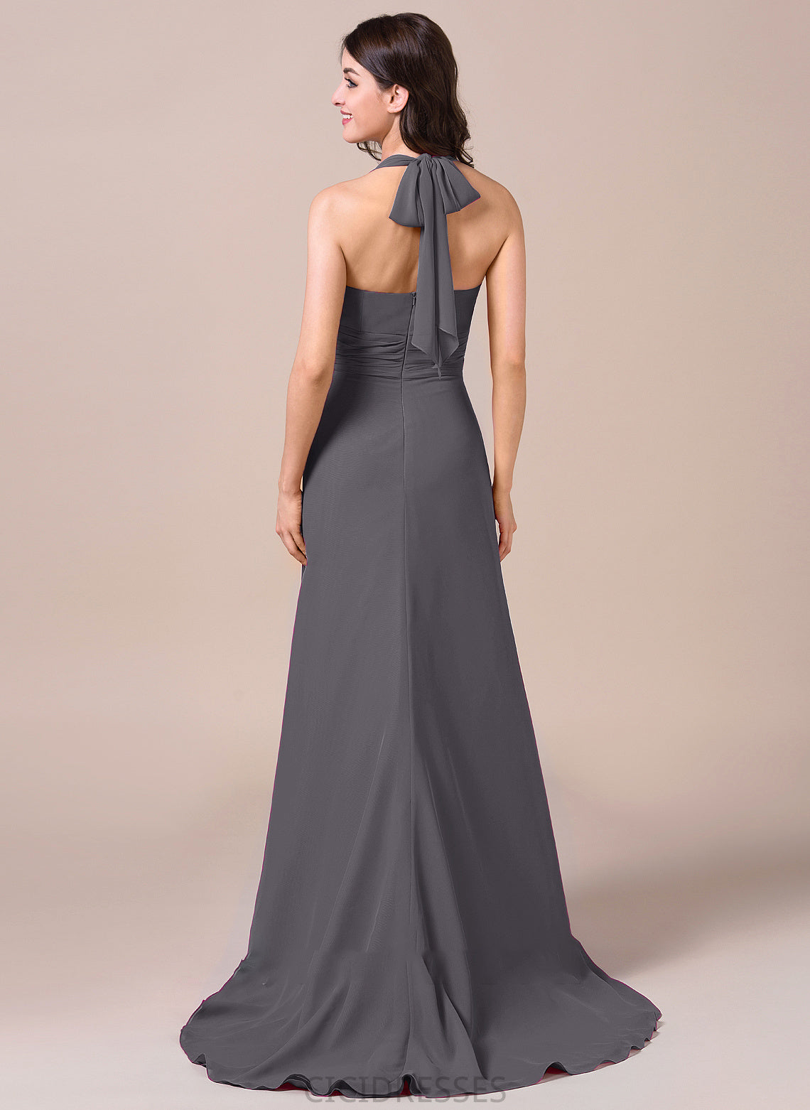 Silhouette A-Line SweepTrain Length Fabric CascadingRuffles Bow(s) Neckline Embellishment Halter Melanie Straps Bridesmaid Dresses