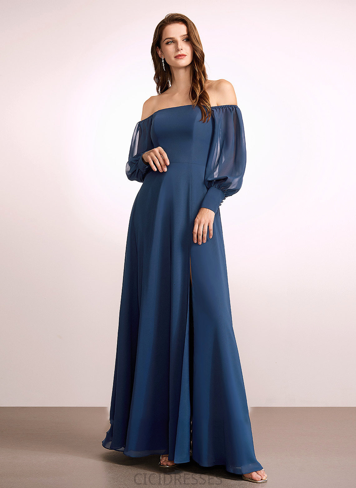 Embellishment Fabric Silhouette Neckline A-Line SplitFront Length Off-the-Shoulder Floor-Length Sierra Scoop A-Line/Princess Bridesmaid Dresses