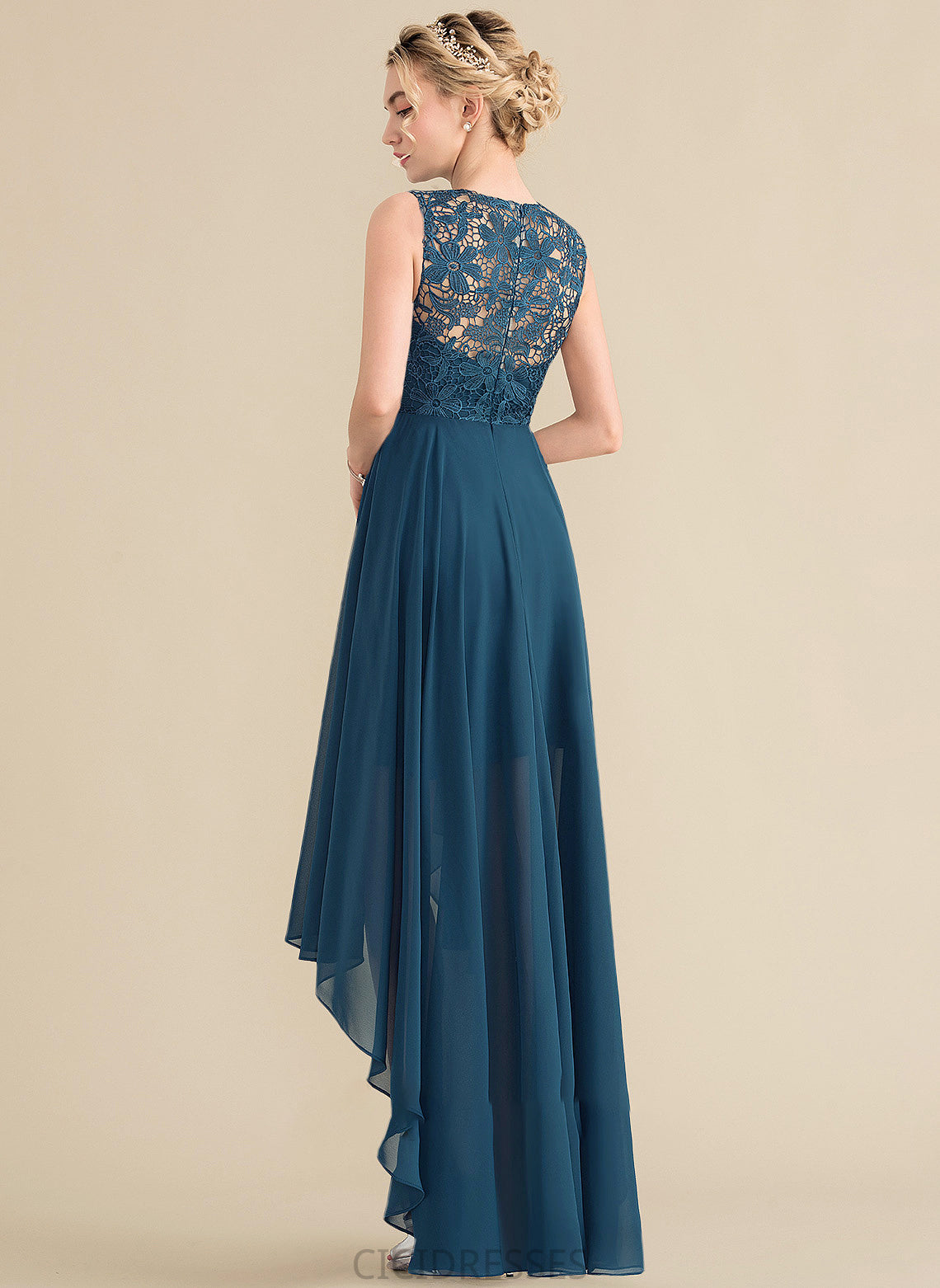 ScoopNeck Silhouette Lace Neckline Asymmetrical Fabric Straps Length A-Line Jamiya Floor Length Sleeveless Bridesmaid Dresses